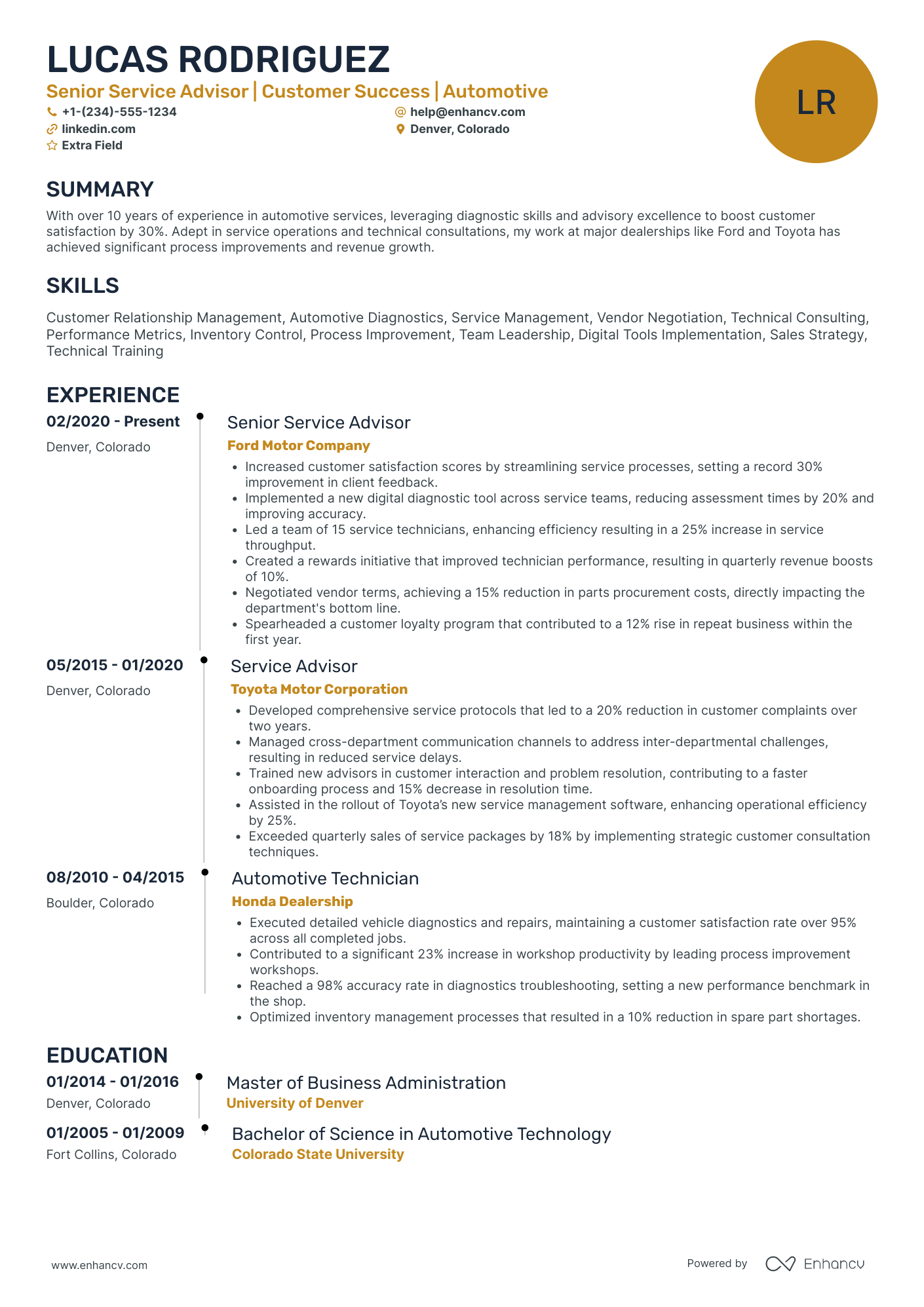 Senior Service Advisor Resume Example