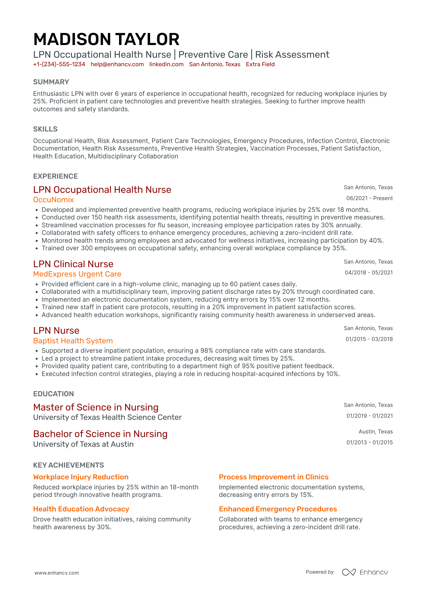 LPN Occupational Health Nurse Resume Example