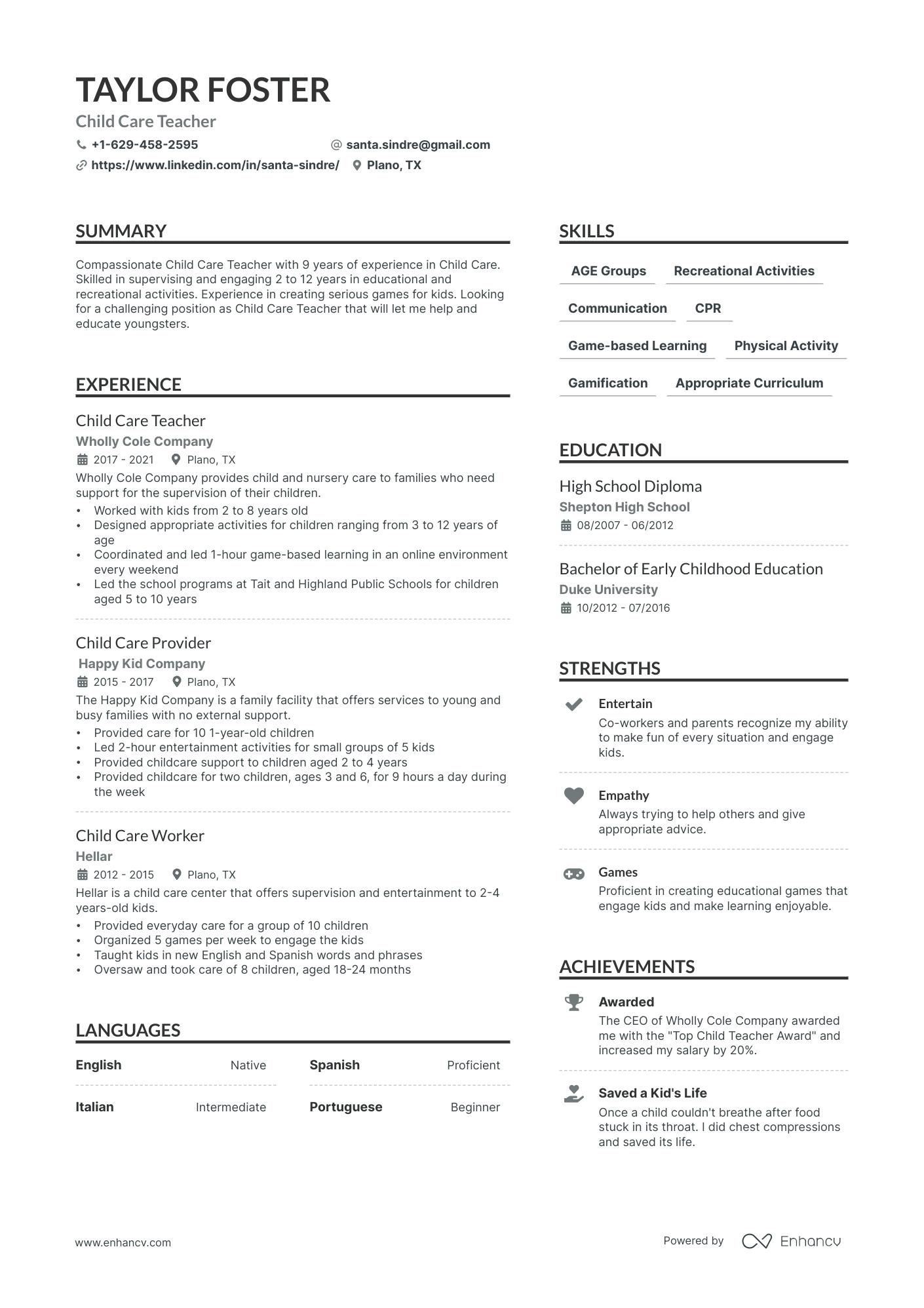 Child Care Resume Example