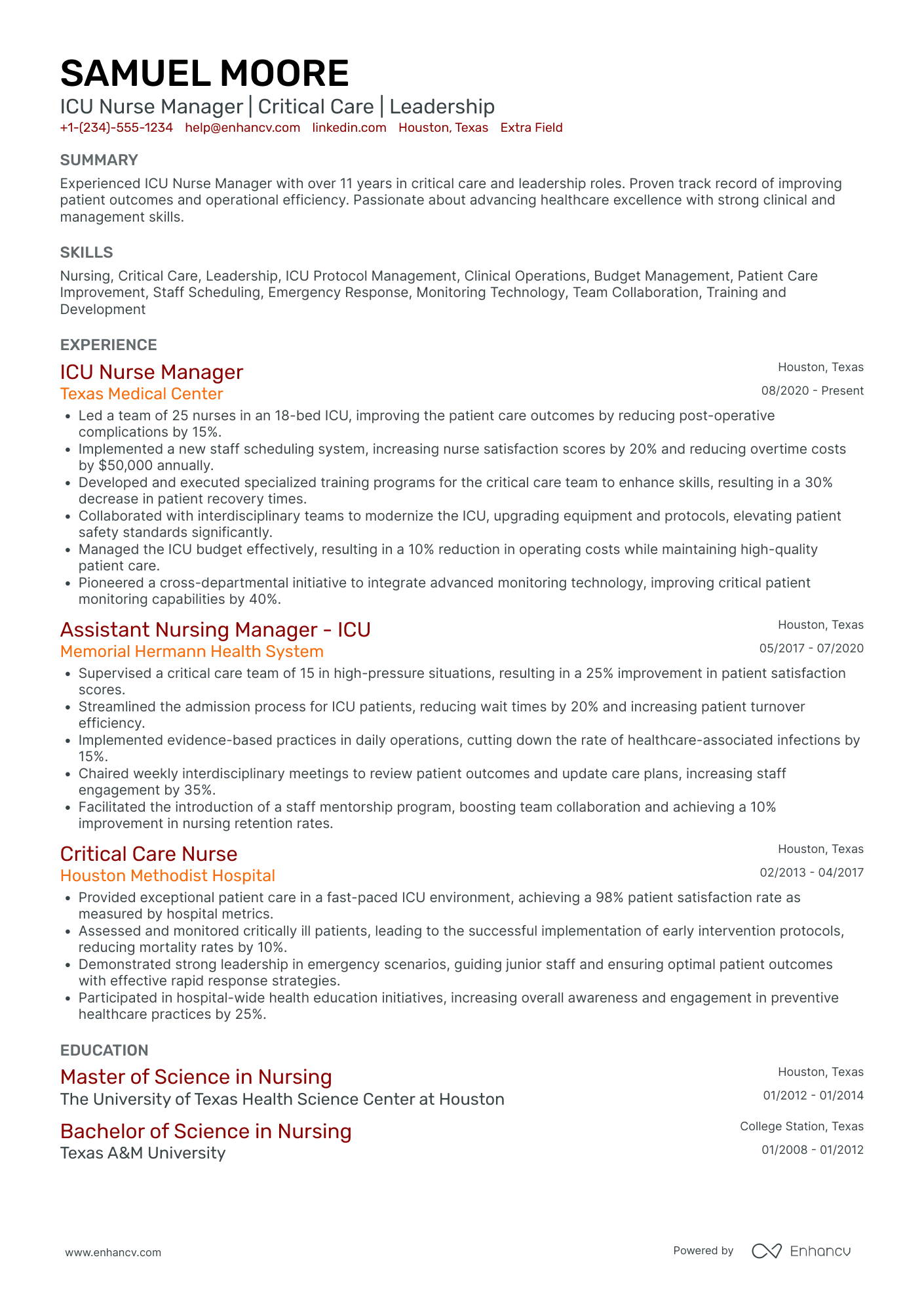 Intensive Care Unit Nurse Manager Resume Example