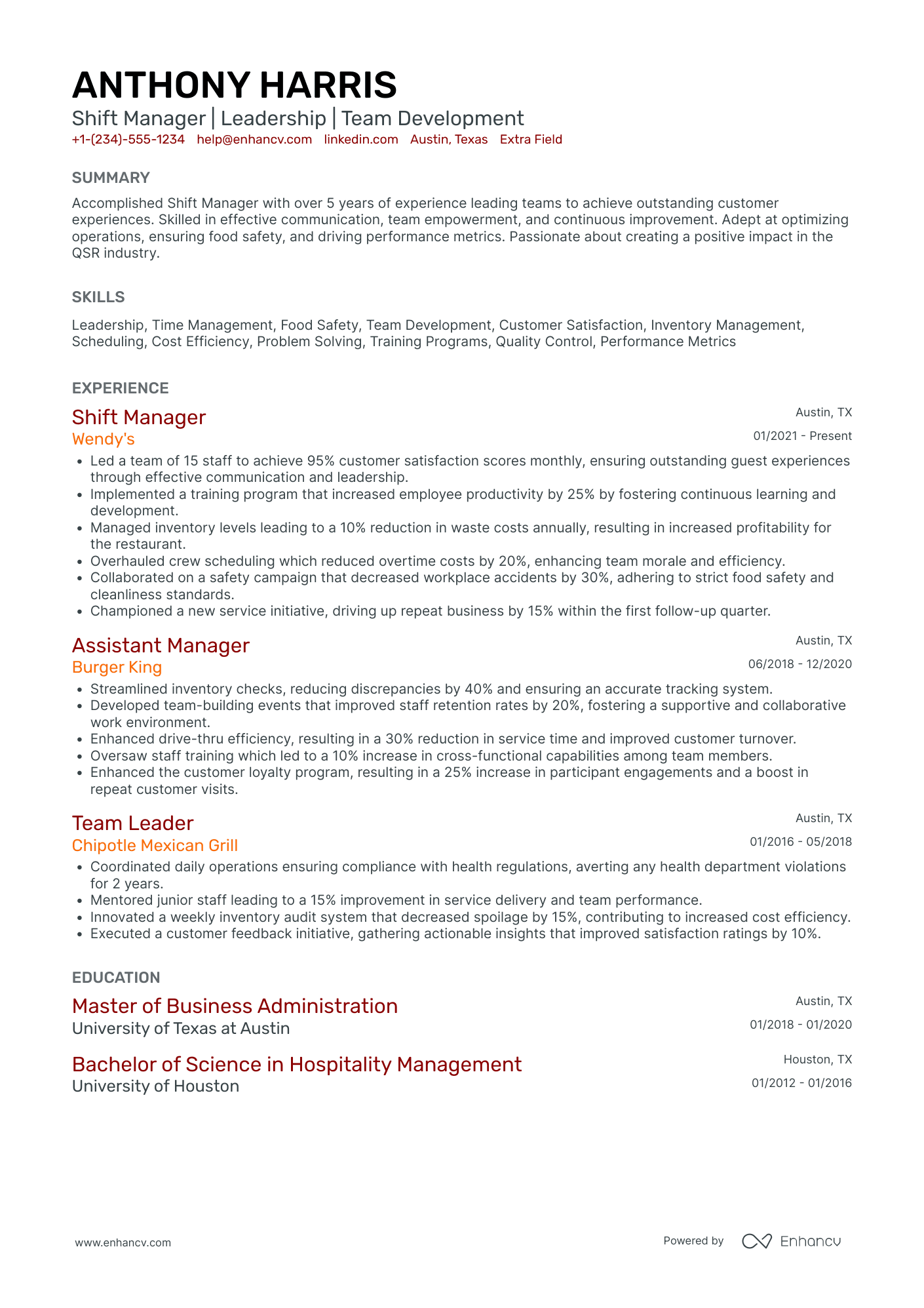 McDonalds Shift Manager Resume Example