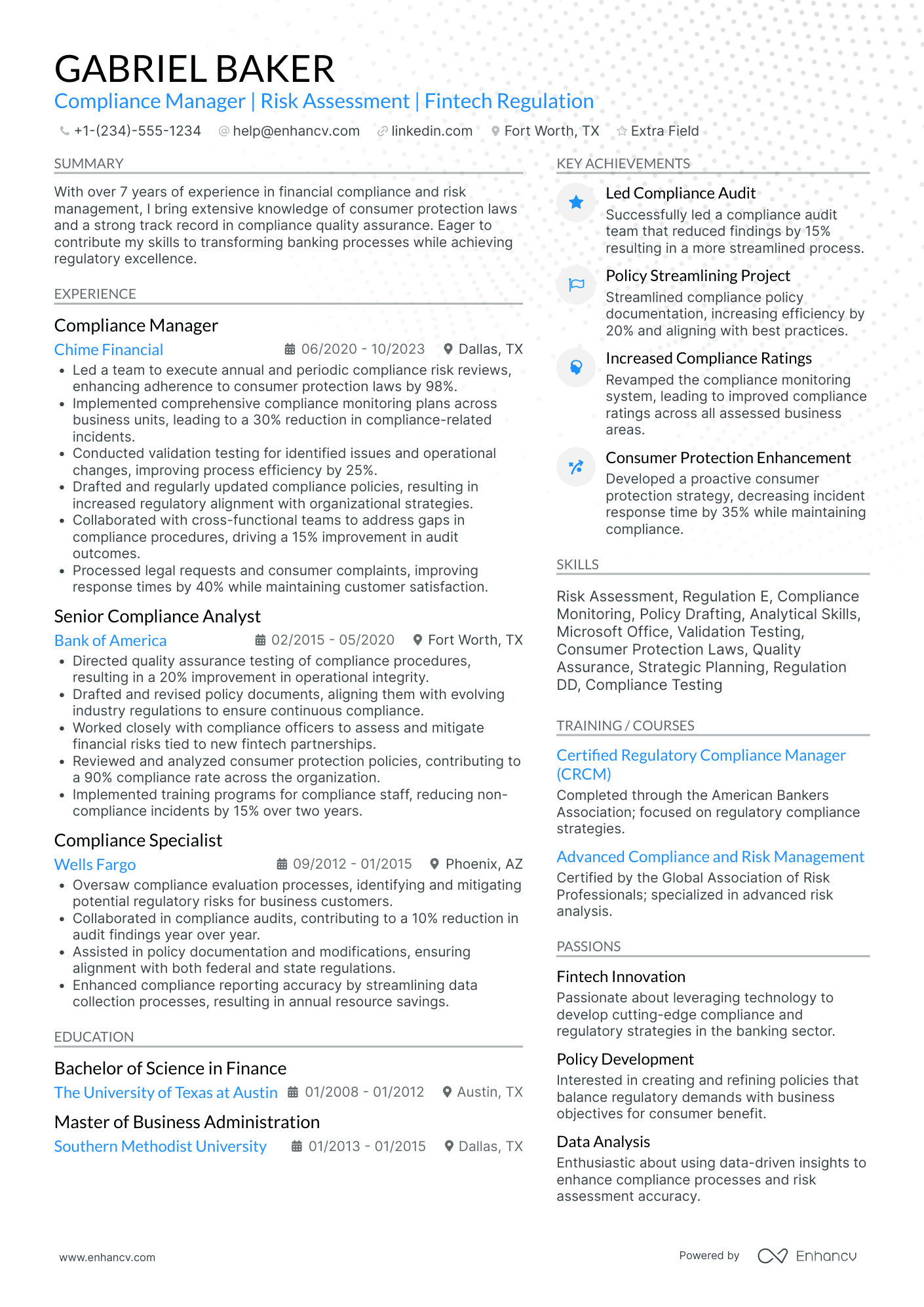 Bank Compliance Manager Resume Example