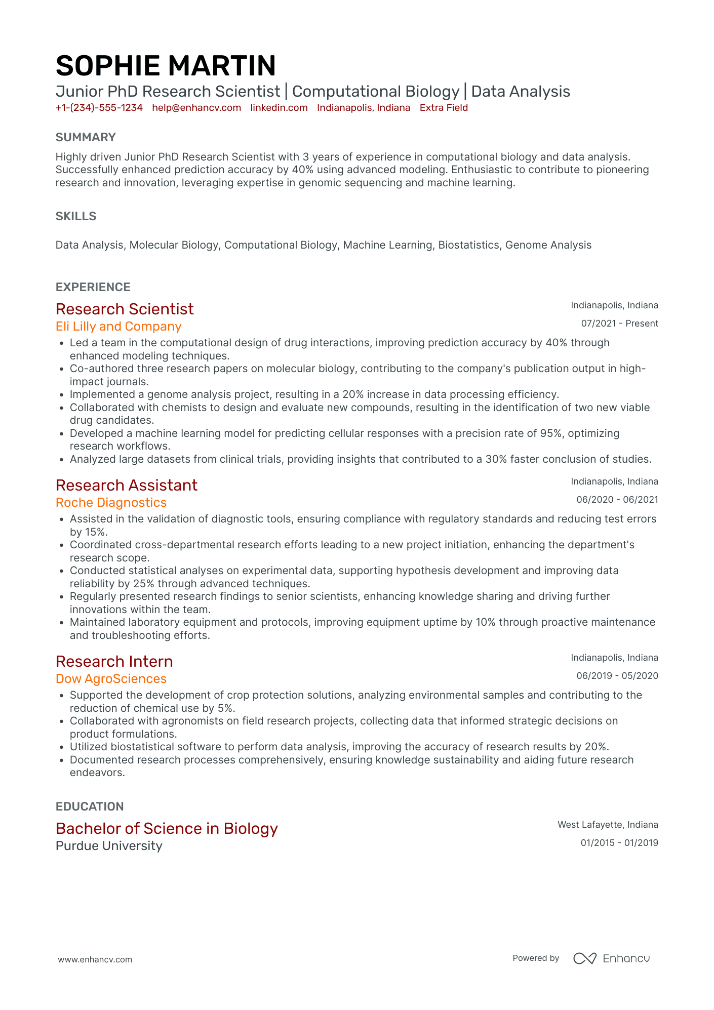 Junior PhD Research Scientist Resume Example