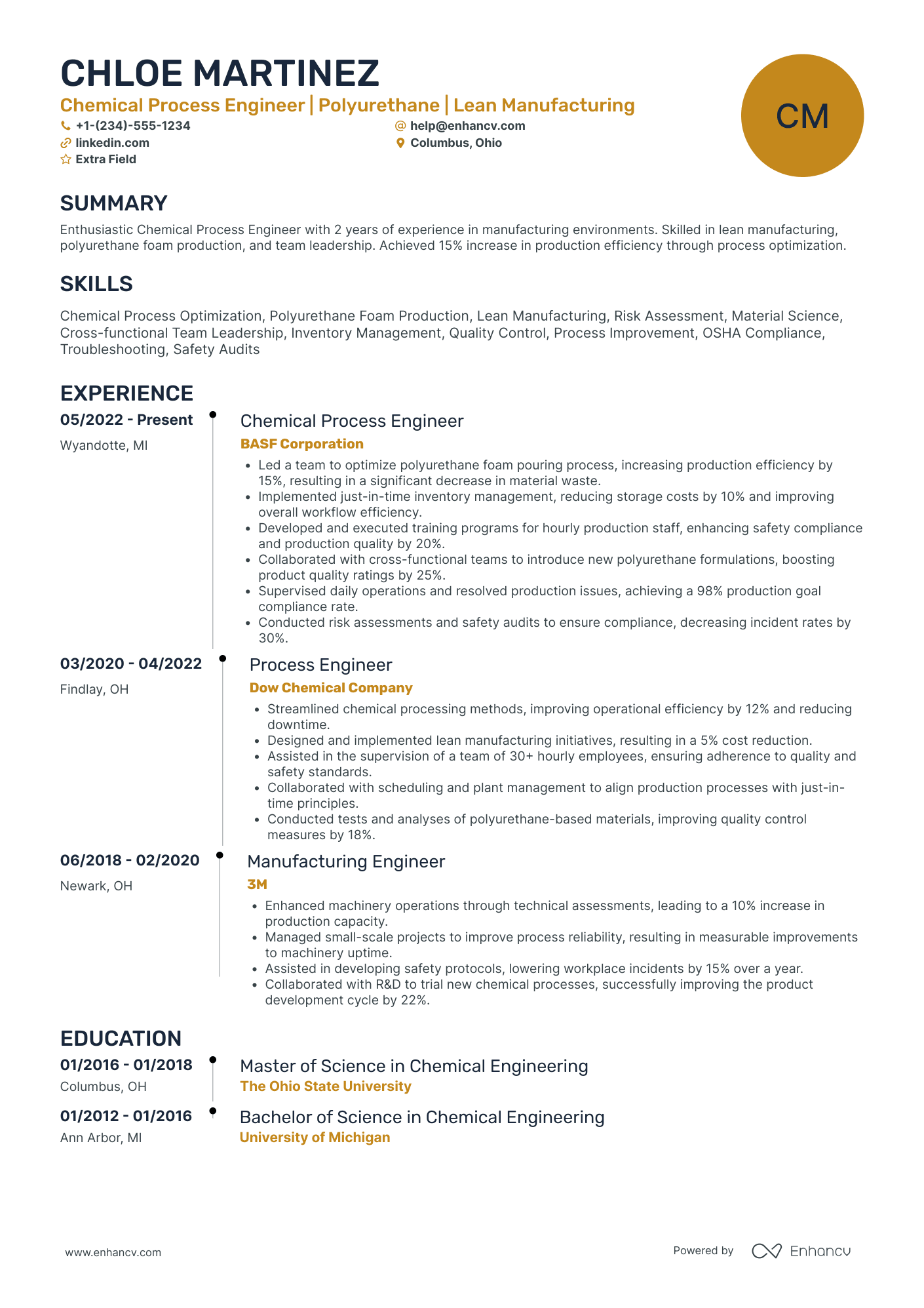 Chemical Process Engineer Resume Example