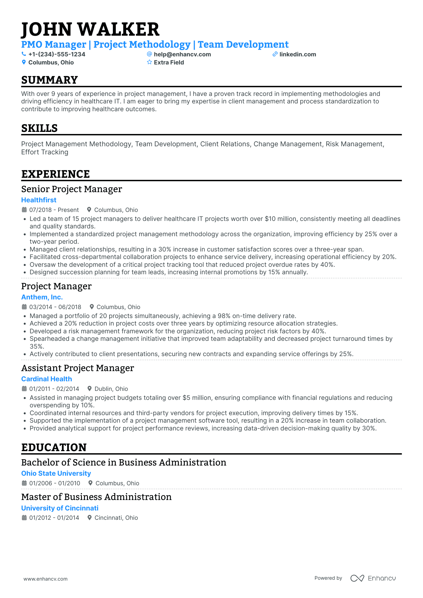 PMO Change Manager Resume Example