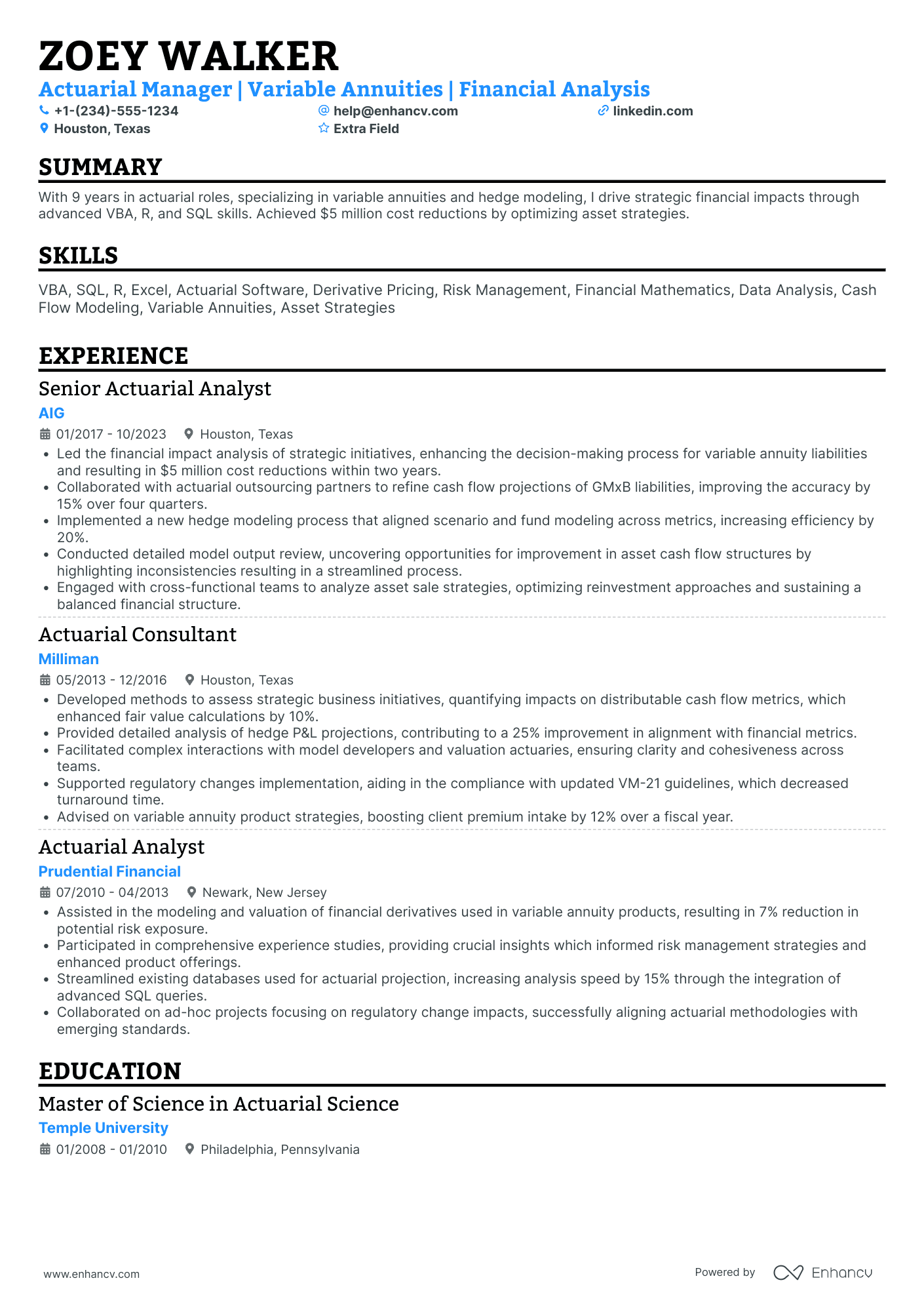 Actuarial Risk Manager Resume Example