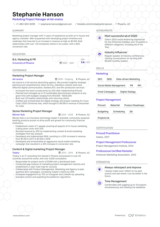 Marketing Project Manager Resume Example