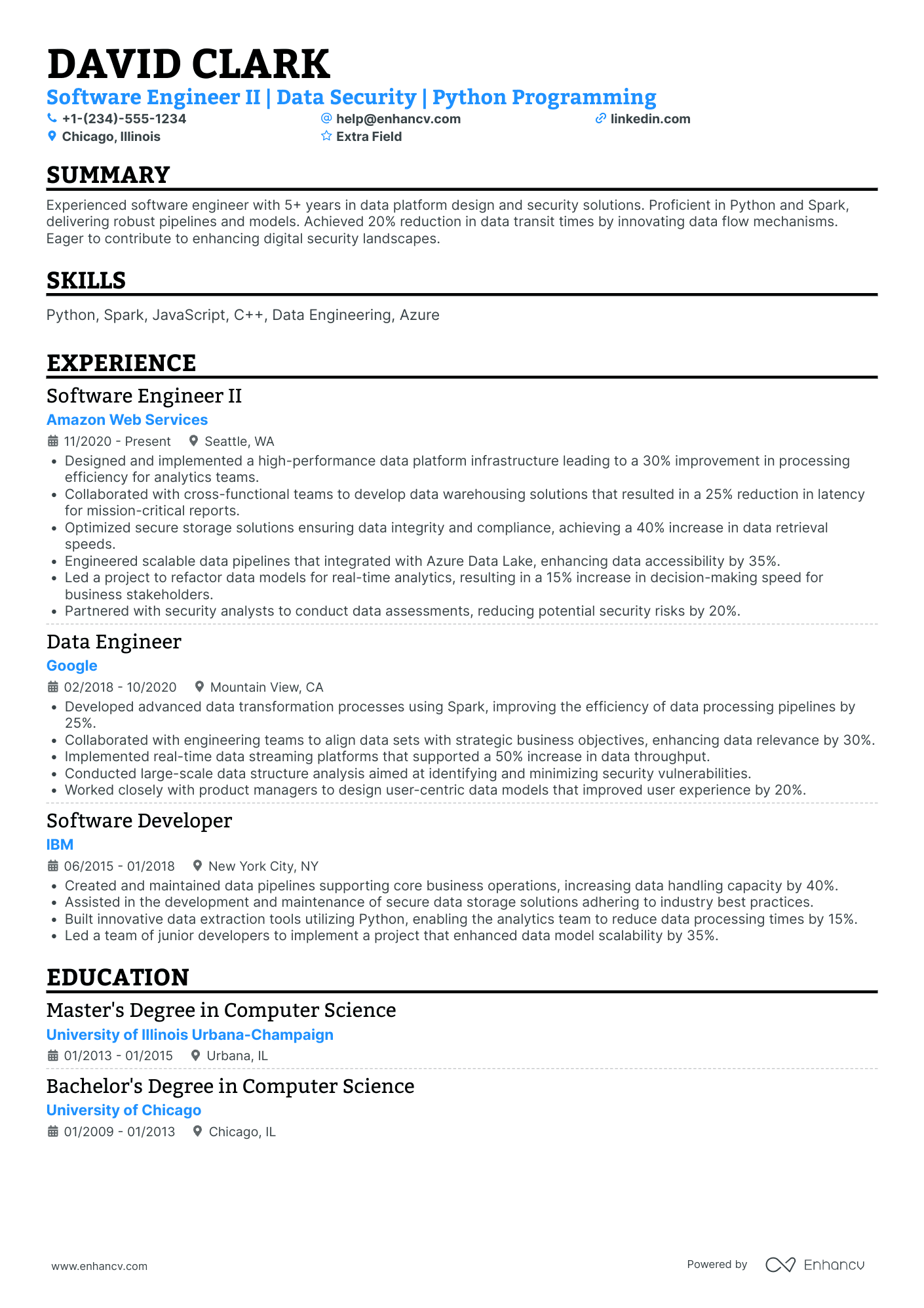 Big Data Software Engineer Resume Example