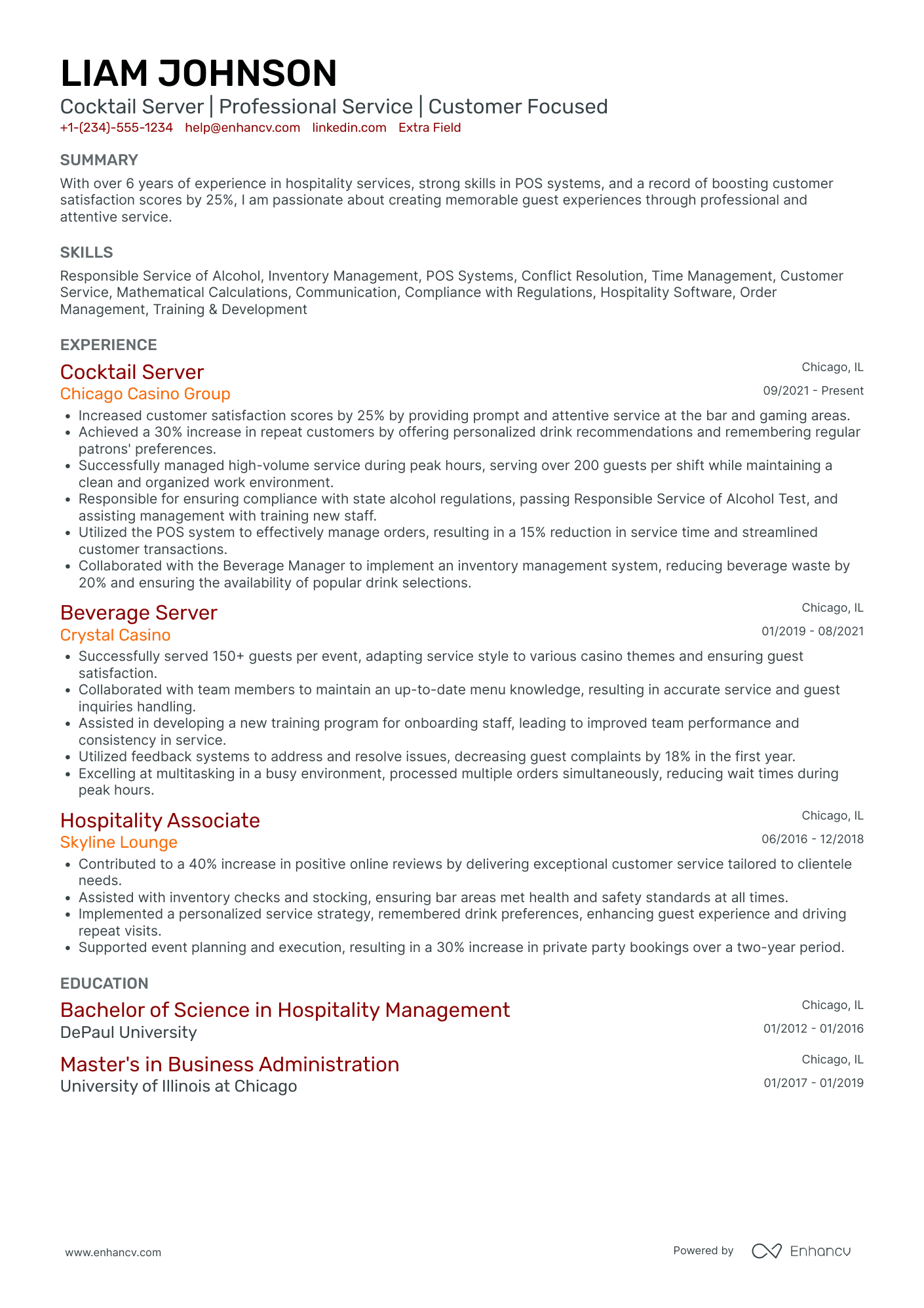 Fine Dining Beverage Server Resume Example