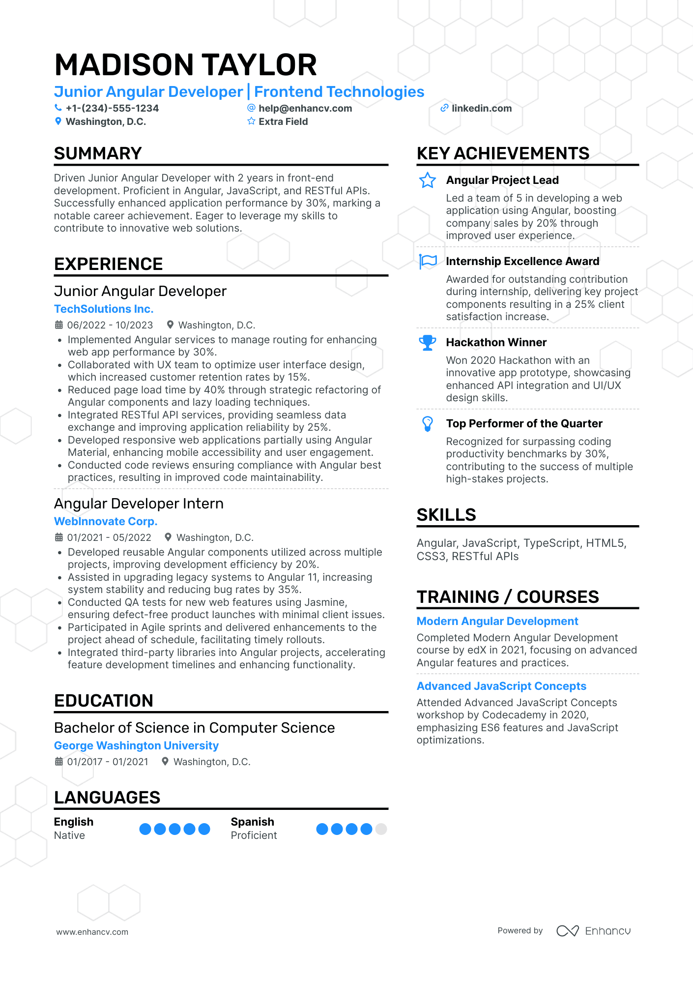 Junior Angular Developer Resume Example