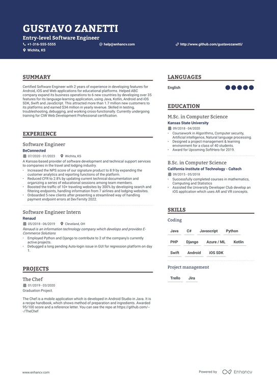 Entry Level Software Engineer Resume Example