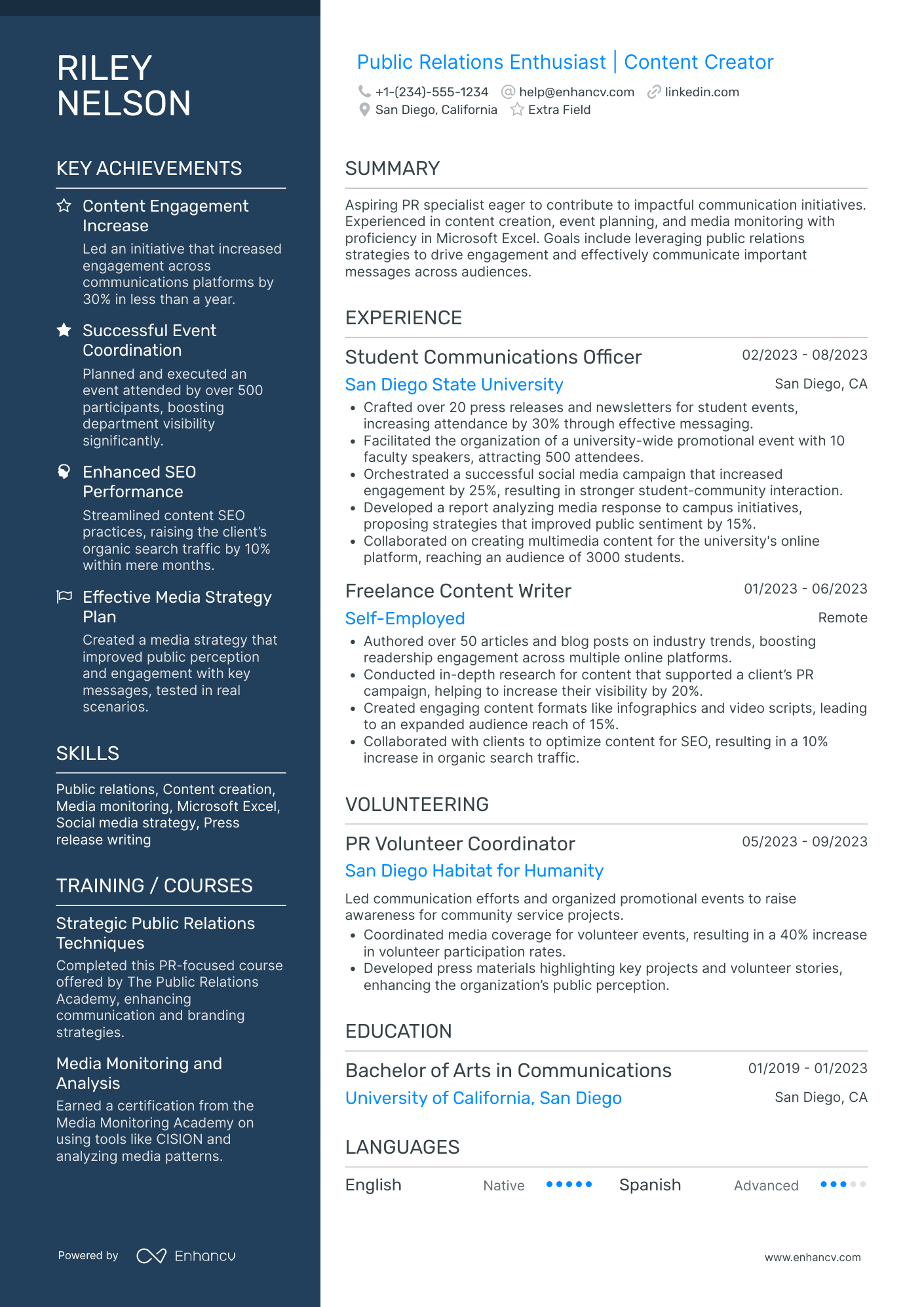 Public Relations Intern Resume Example