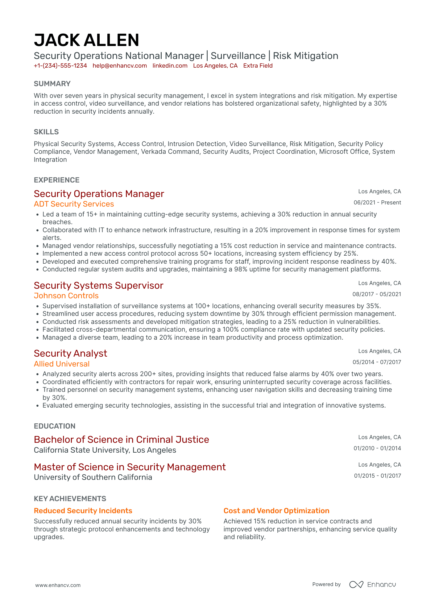 National Security Manager Resume Example