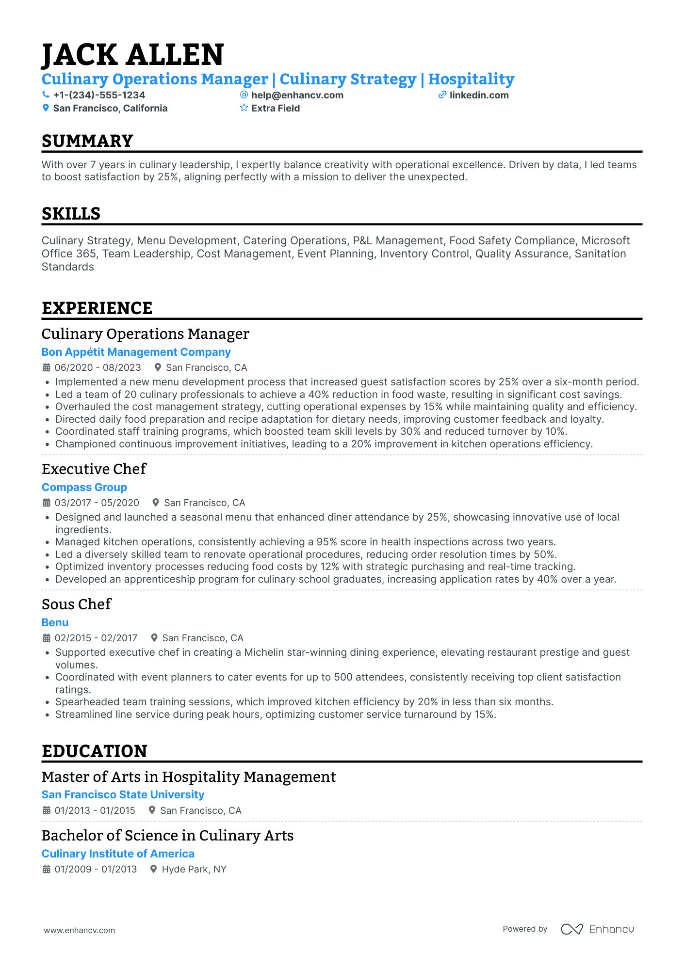 Culinary Operations Manager Resume Example