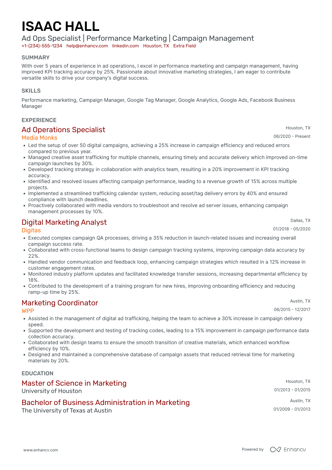 Facebook Ads Manager Resume Example