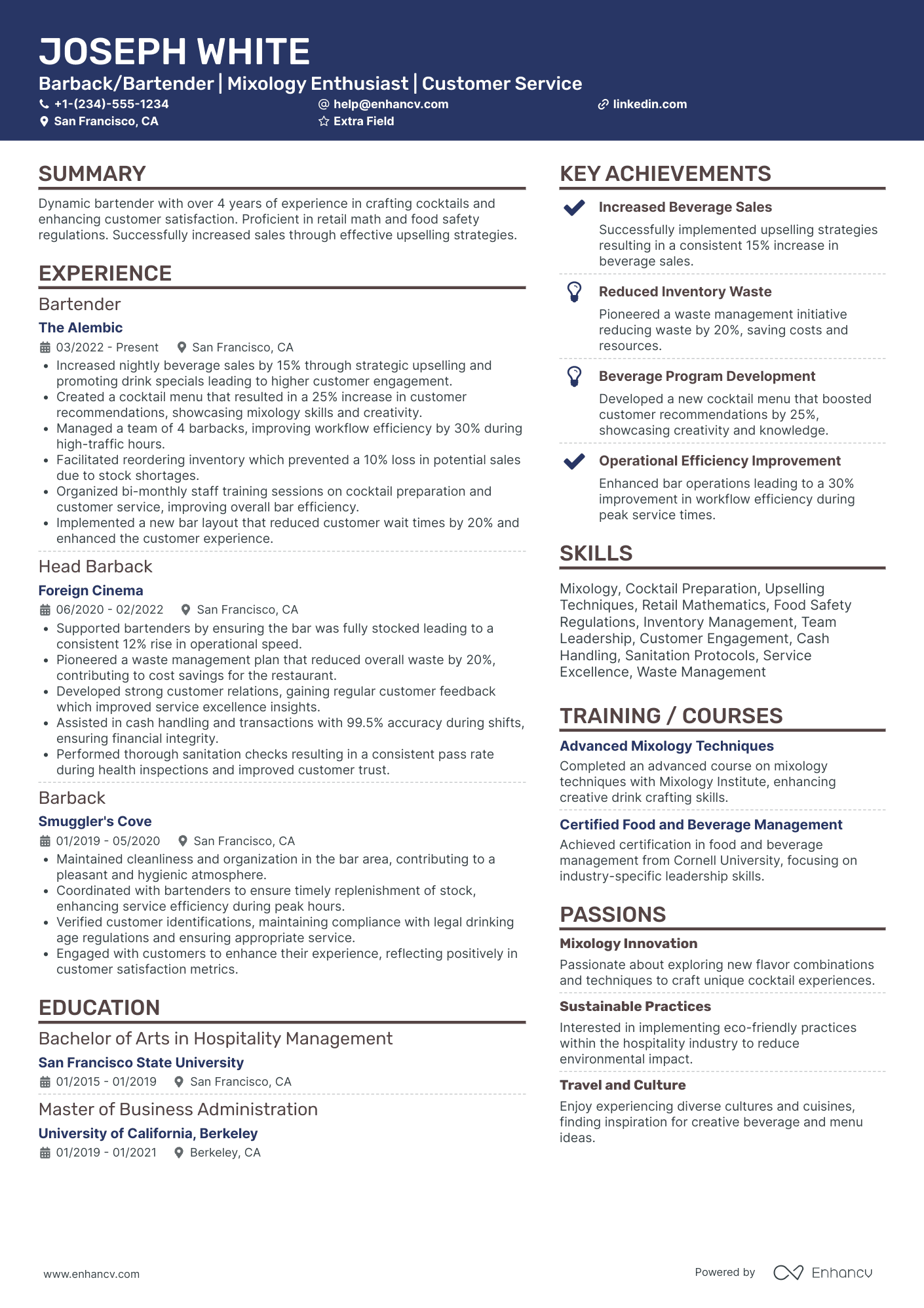 Barback/Bartender Resume Example