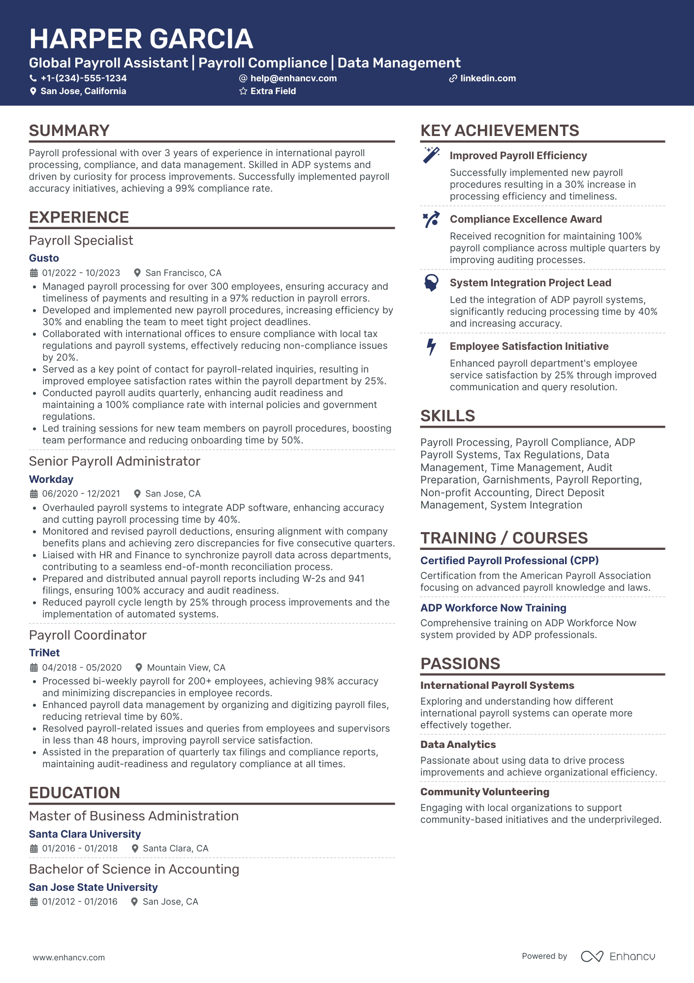 Global Payroll Manager Resume Example