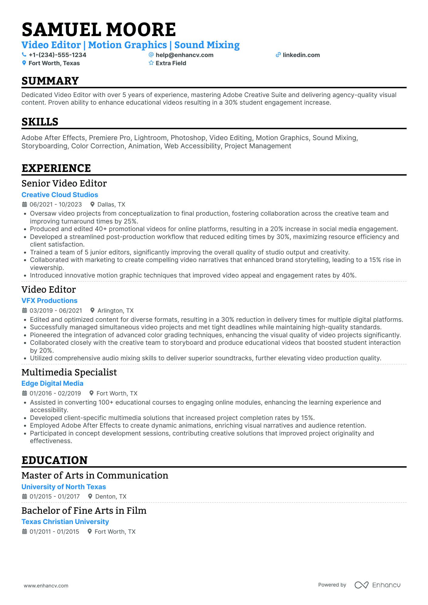 Music Video Editor Resume Example