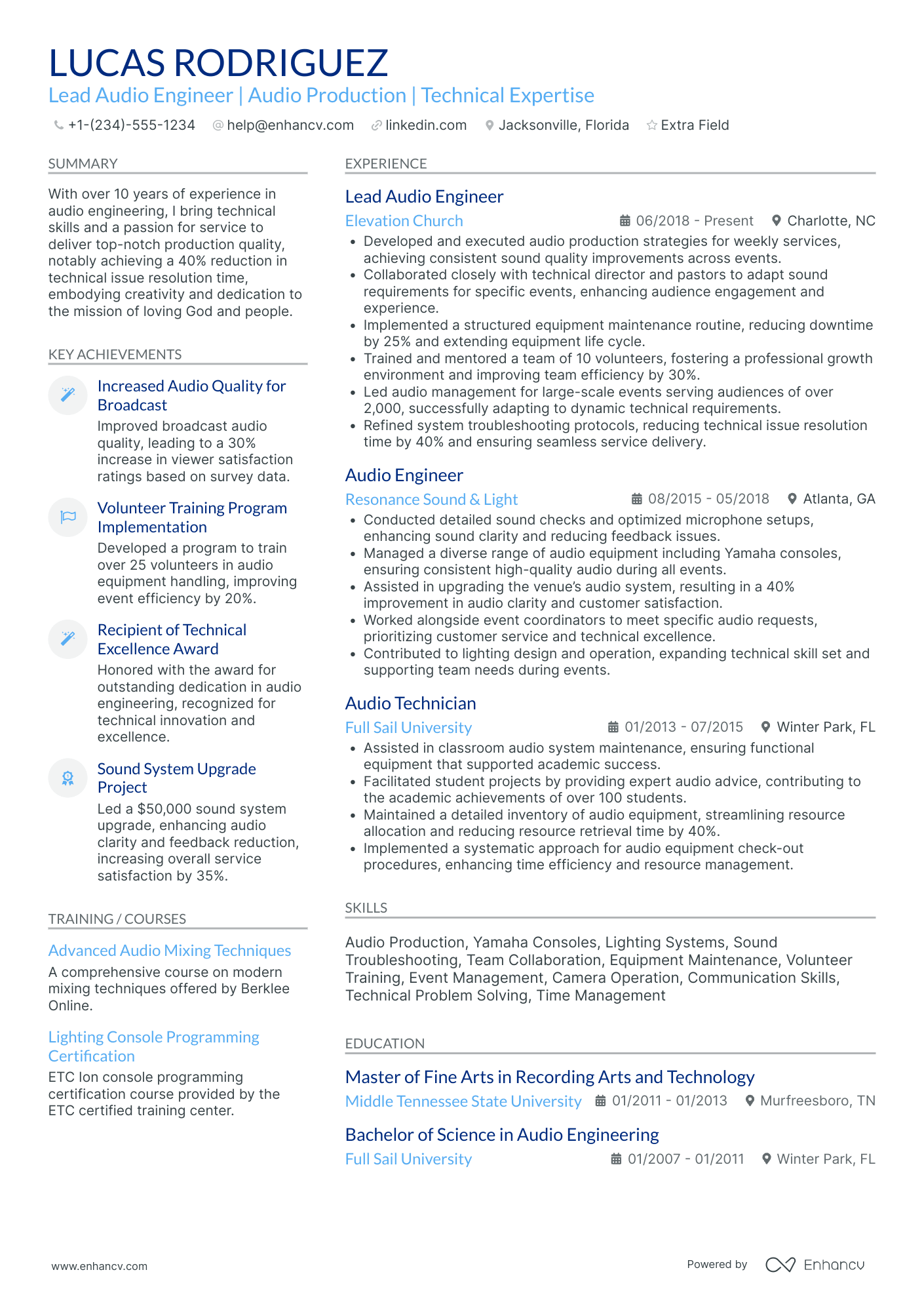 Lead Audio Engineer Resume Example