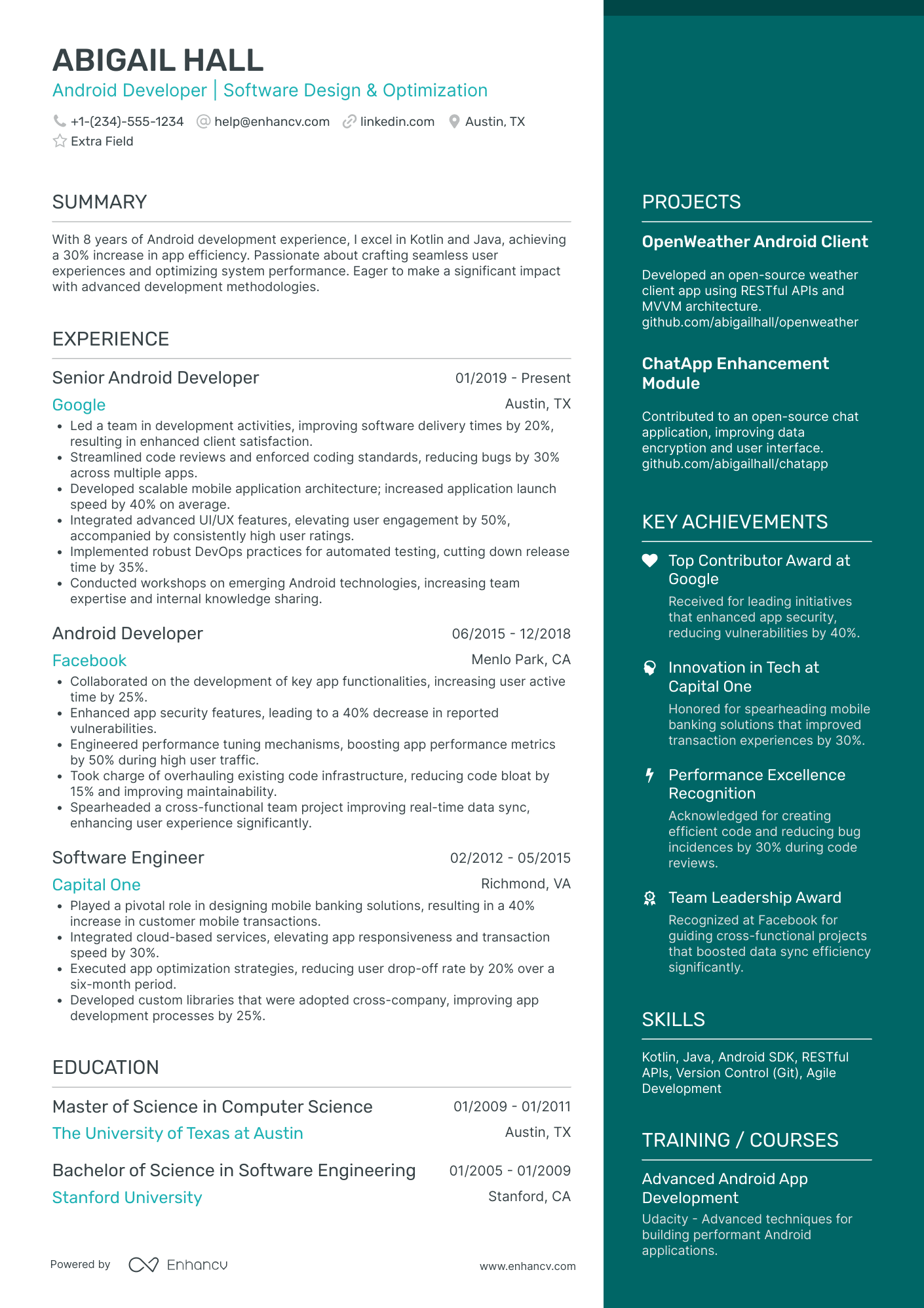 Associate Android Developer Resume Example