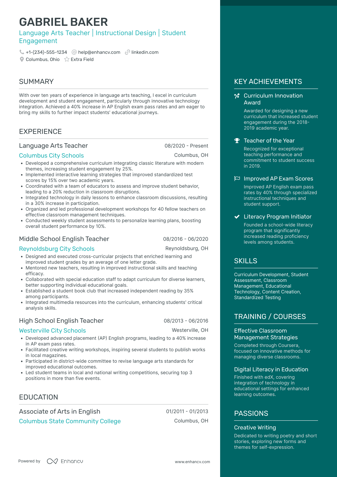 Language Arts Teacher Resume Example