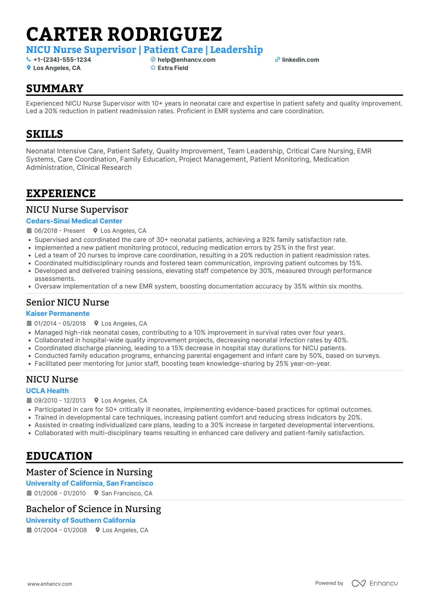 NICU Nurse Supervisor Resume Example