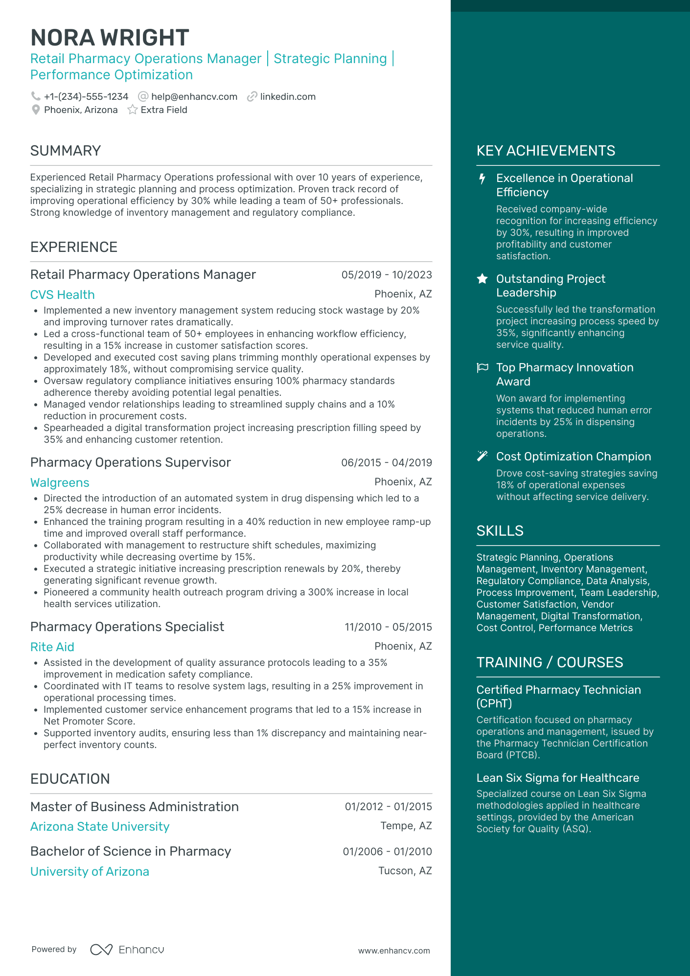 Retail Pharmacy Operations Manager Resume Example