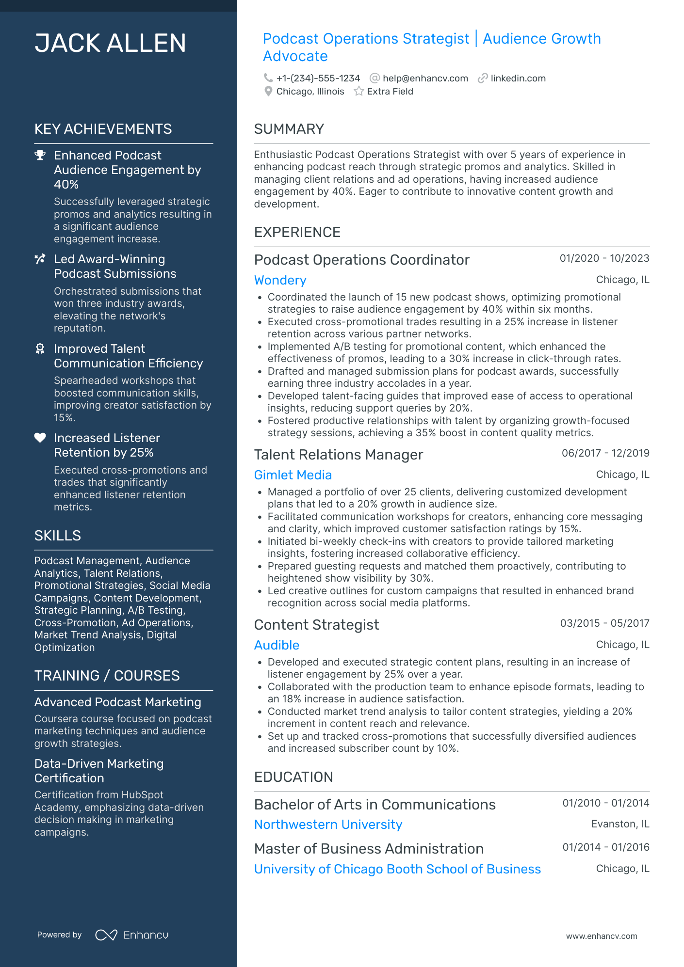 Podcaster Marketing Specialist Resume Example