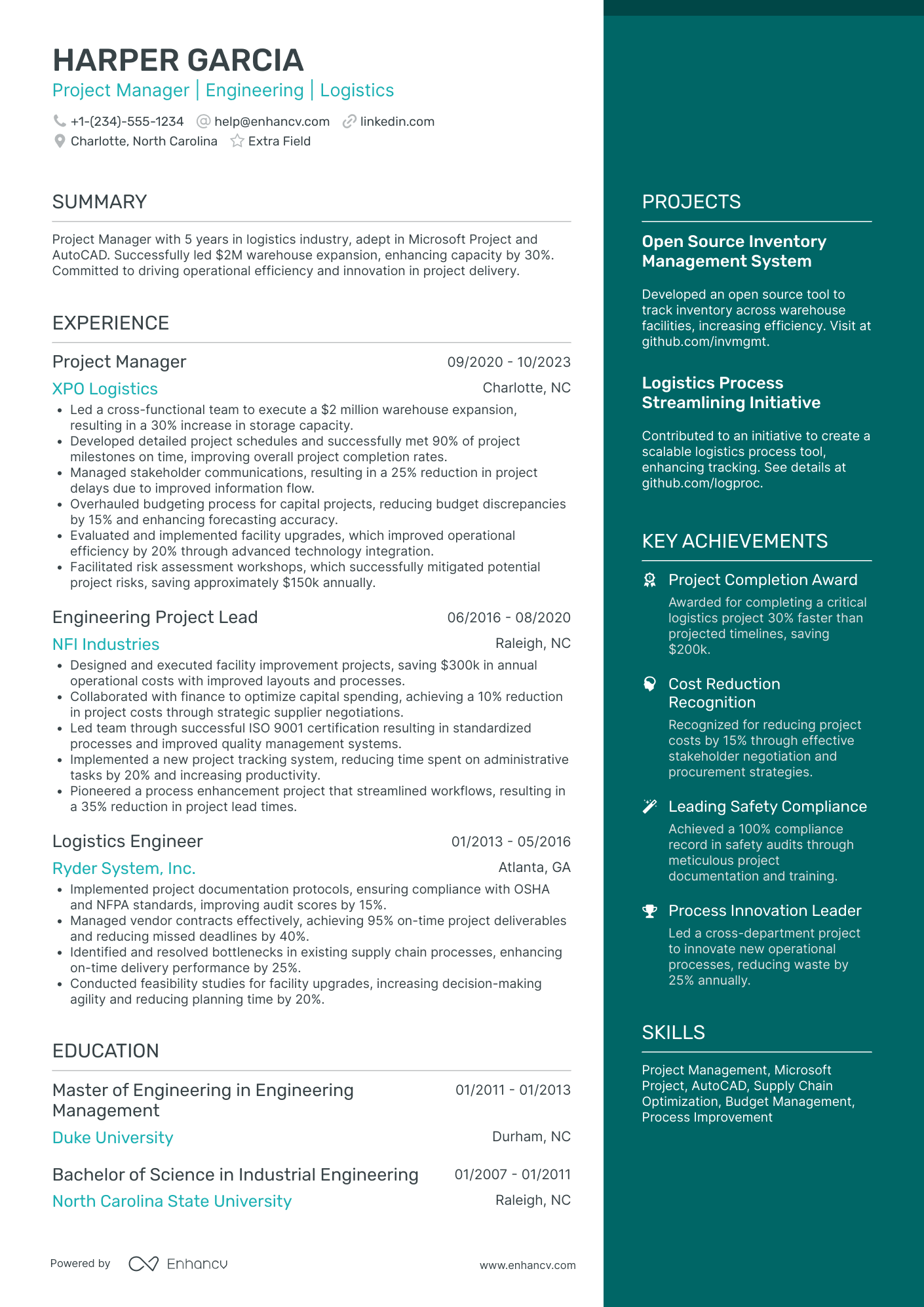 Project Manager Engineer Resume Example