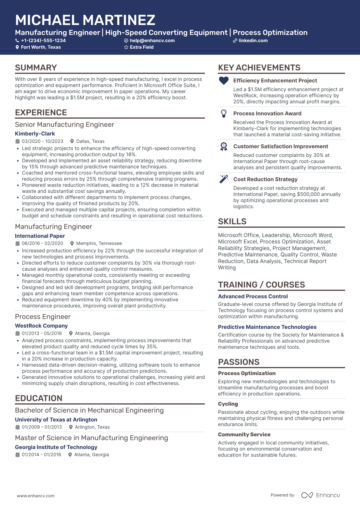 Manufacturing Reliability Engineer Resume Example