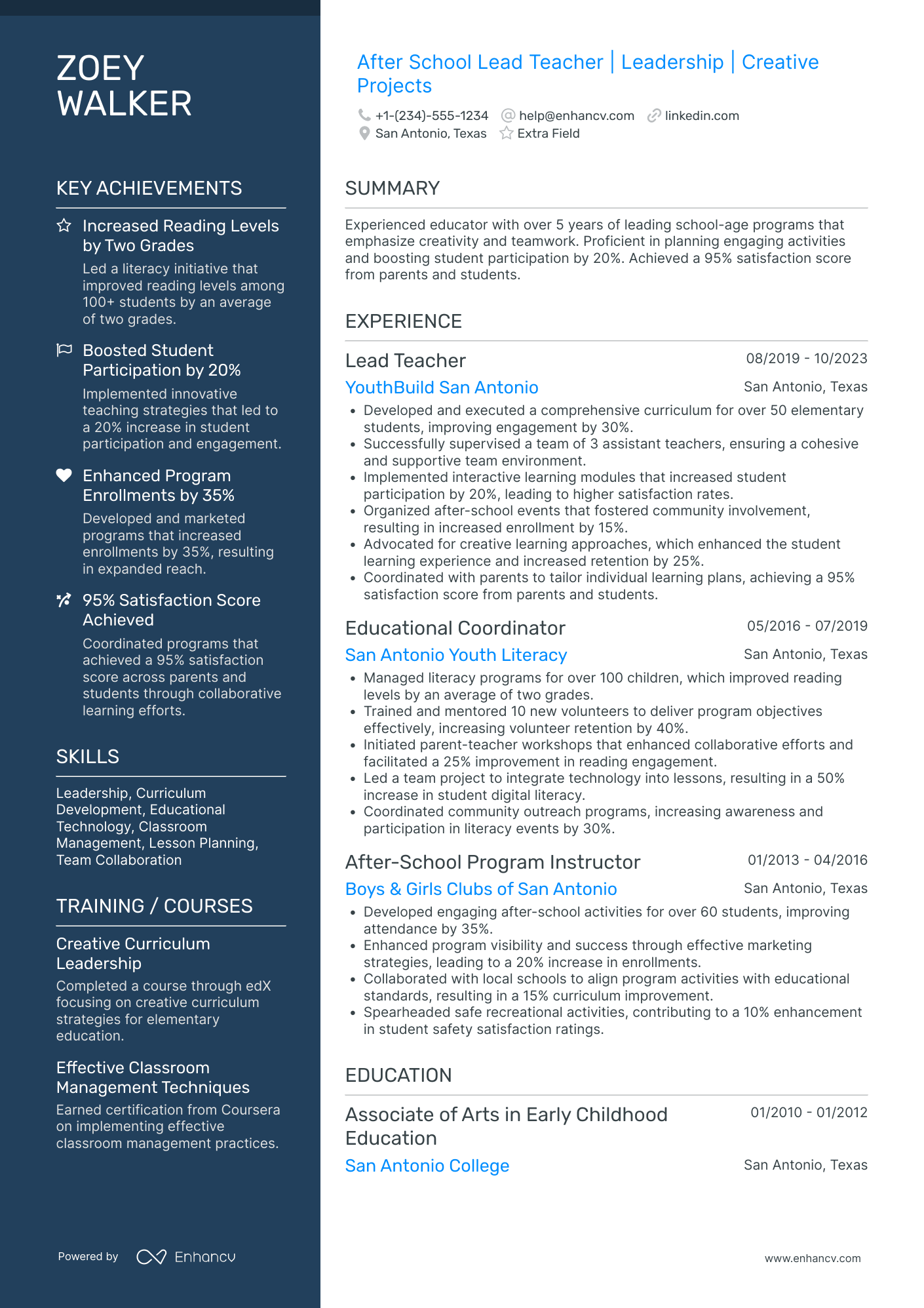 Head After School Teacher Resume Example