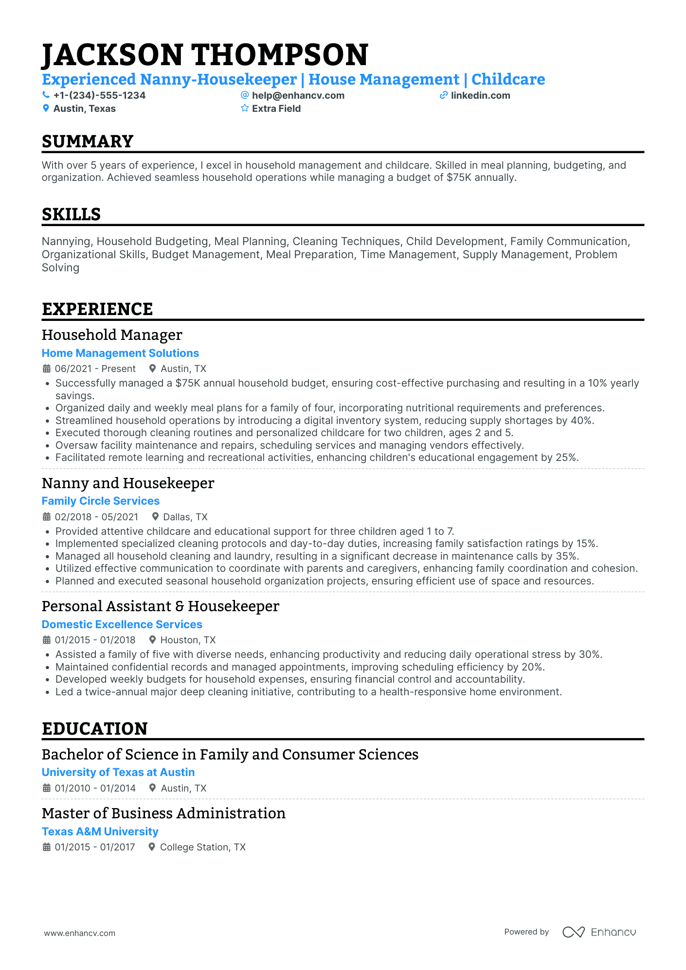 Nanny Housekeeper Resume Example