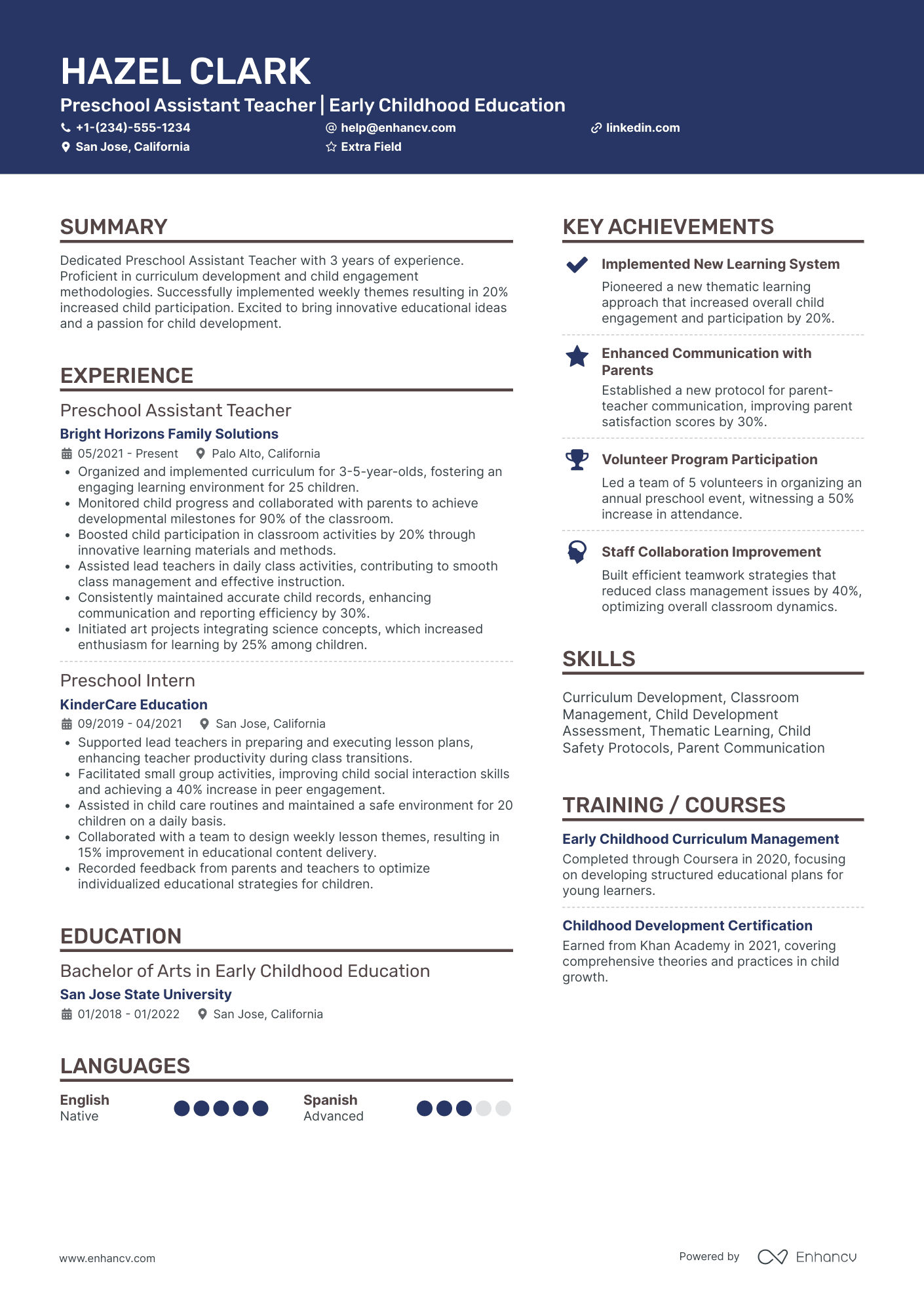 Preschool Classroom Assistant Teacher Resume Example