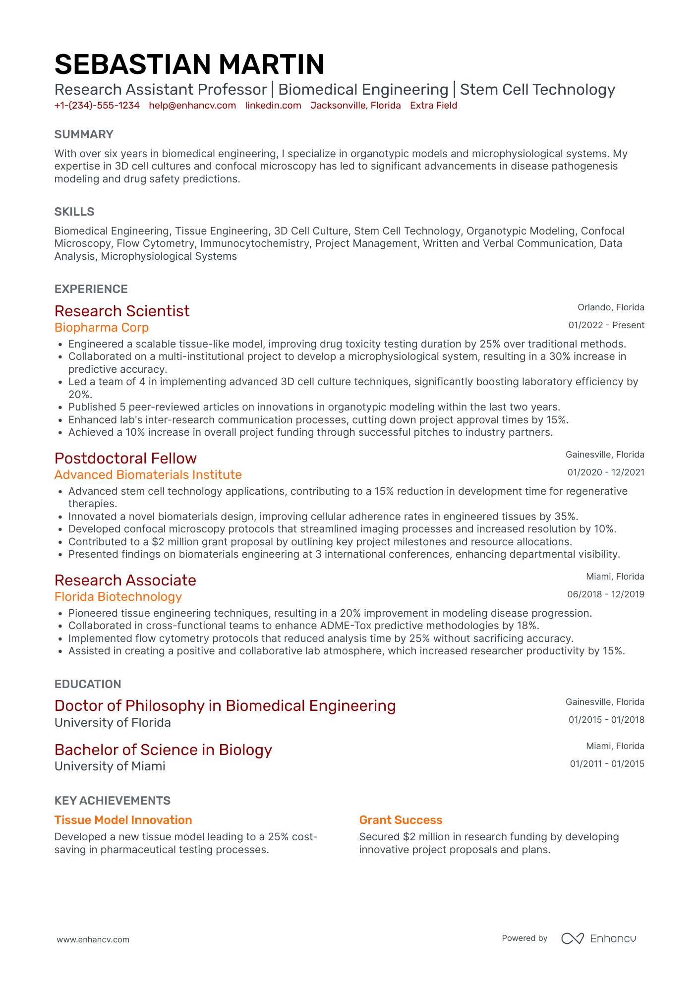 Biomedical Engineering Professor Resume Example