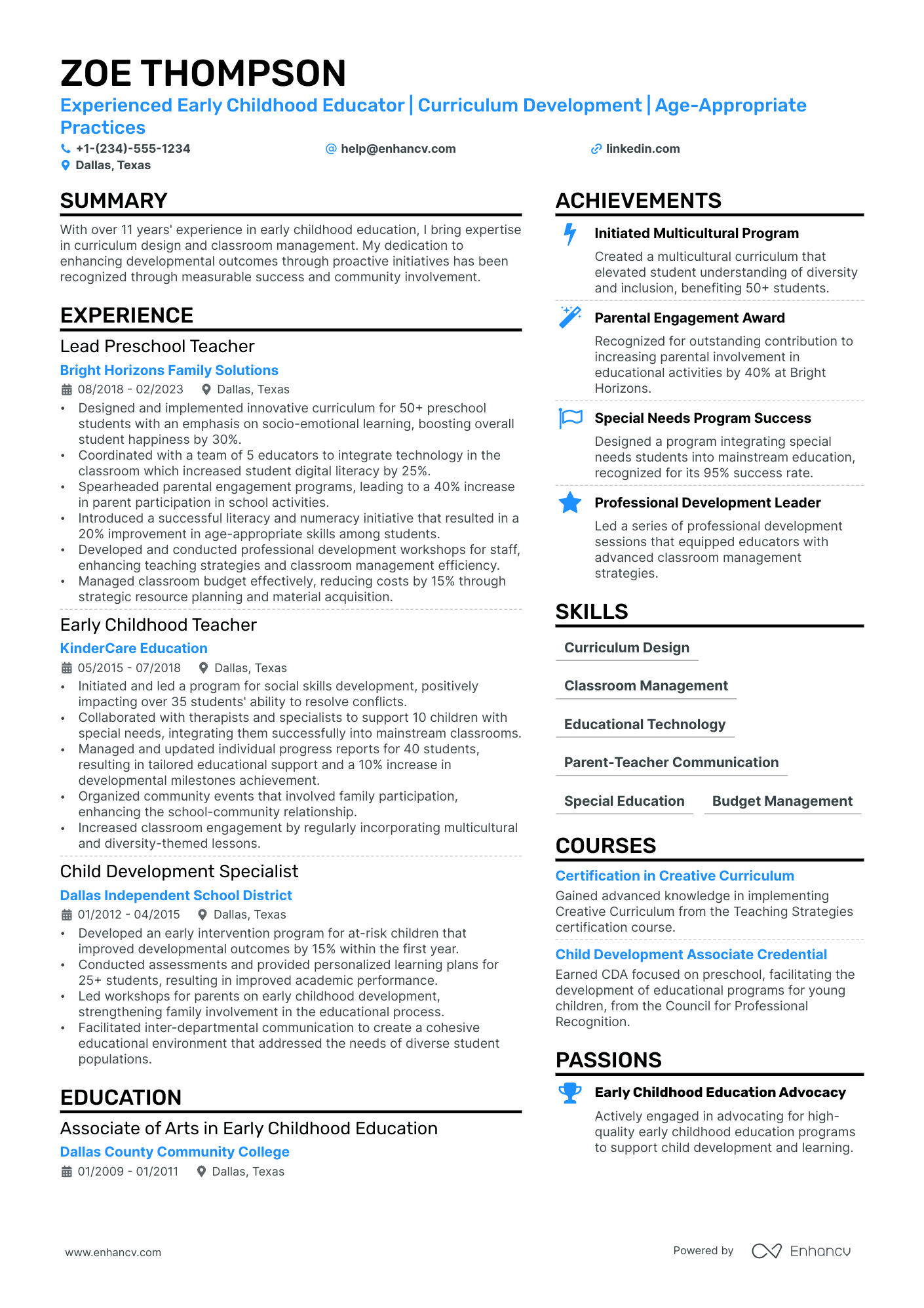 Early Childhood Teacher Resume Example