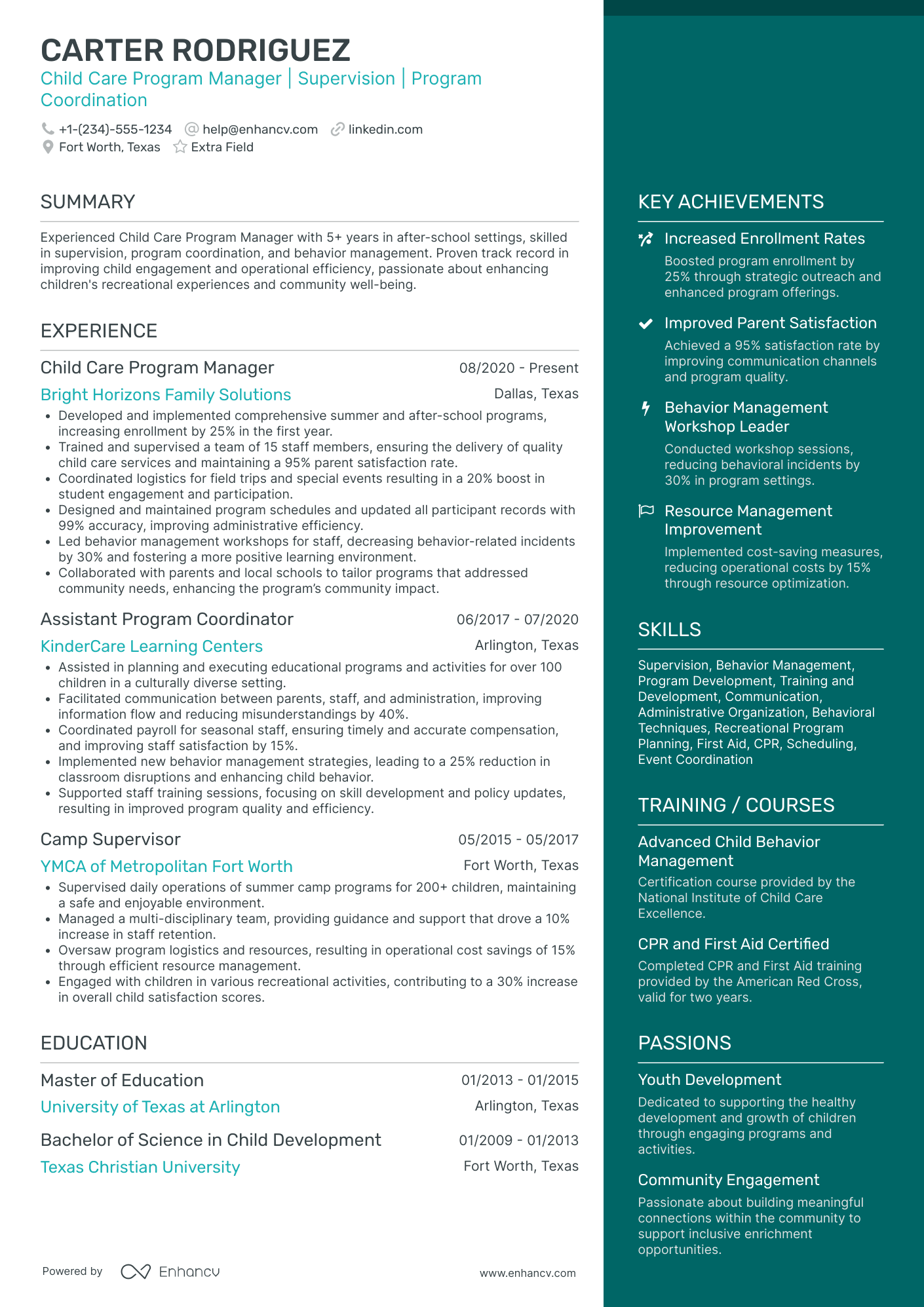 Child Care Program Manager Resume Example