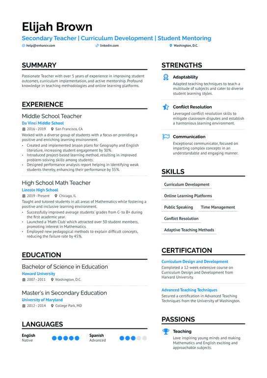 First Year Secondary Teacher Resume Example