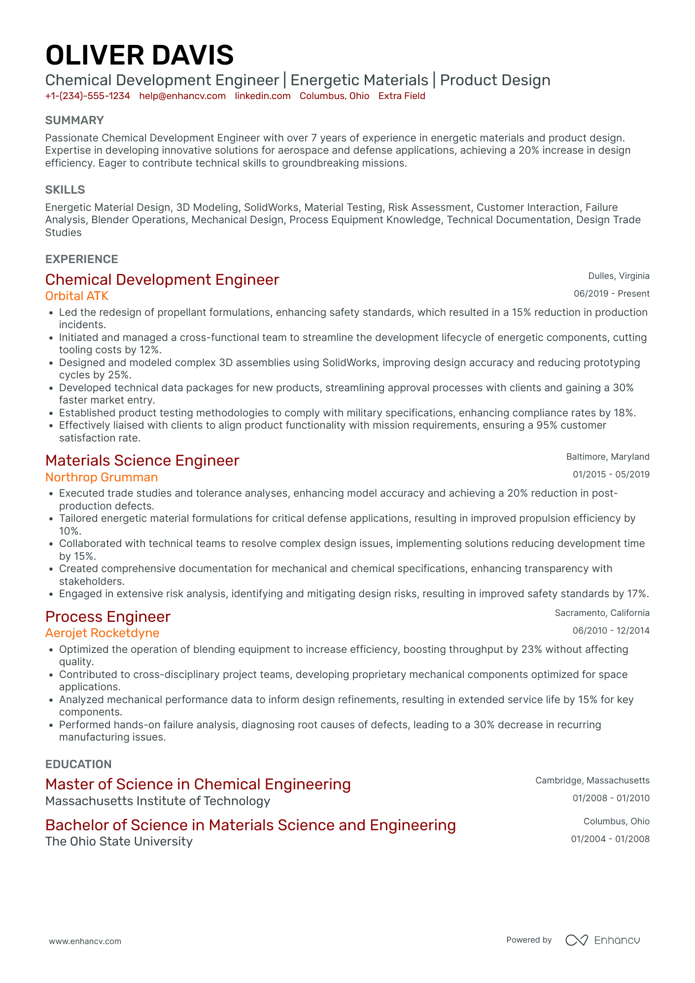 Chemical Development Engineer Resume Example