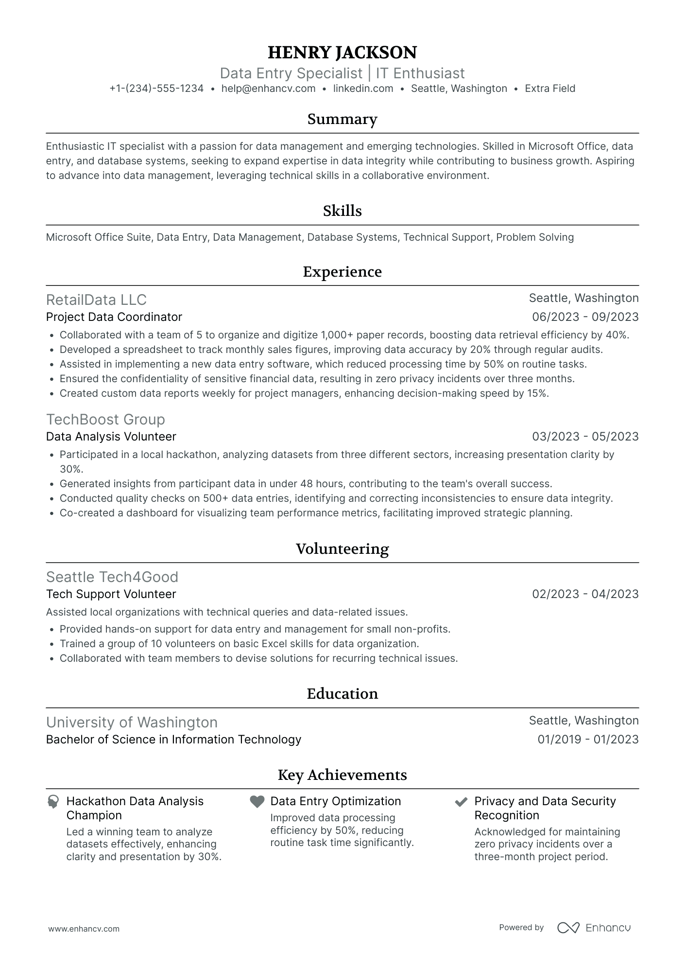 Data Entry Clerk Intern Resume Example