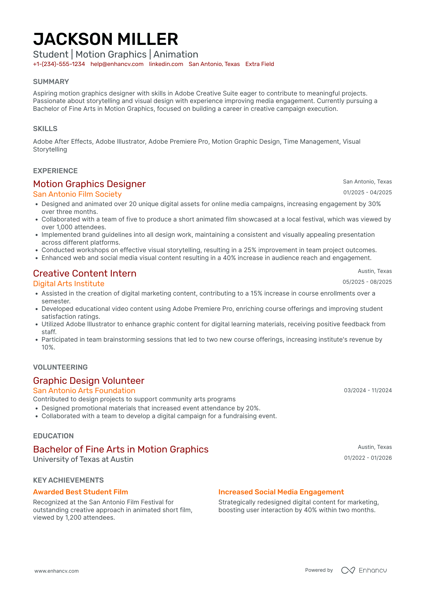 Motion Graphics Intern Resume Example