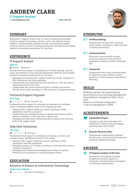 IT Support Analyst Resume Example