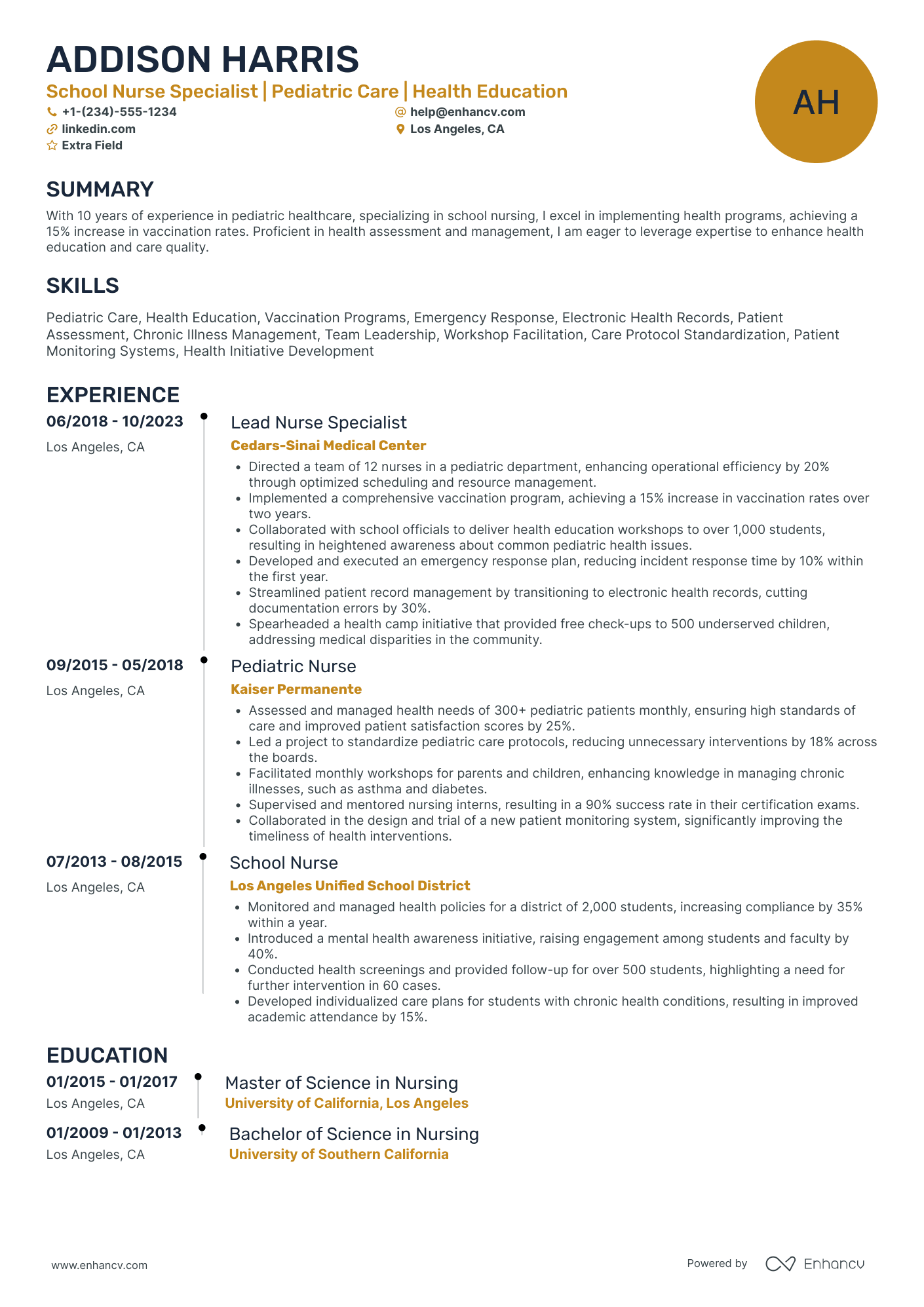 School Nurse Specialist Resume Example