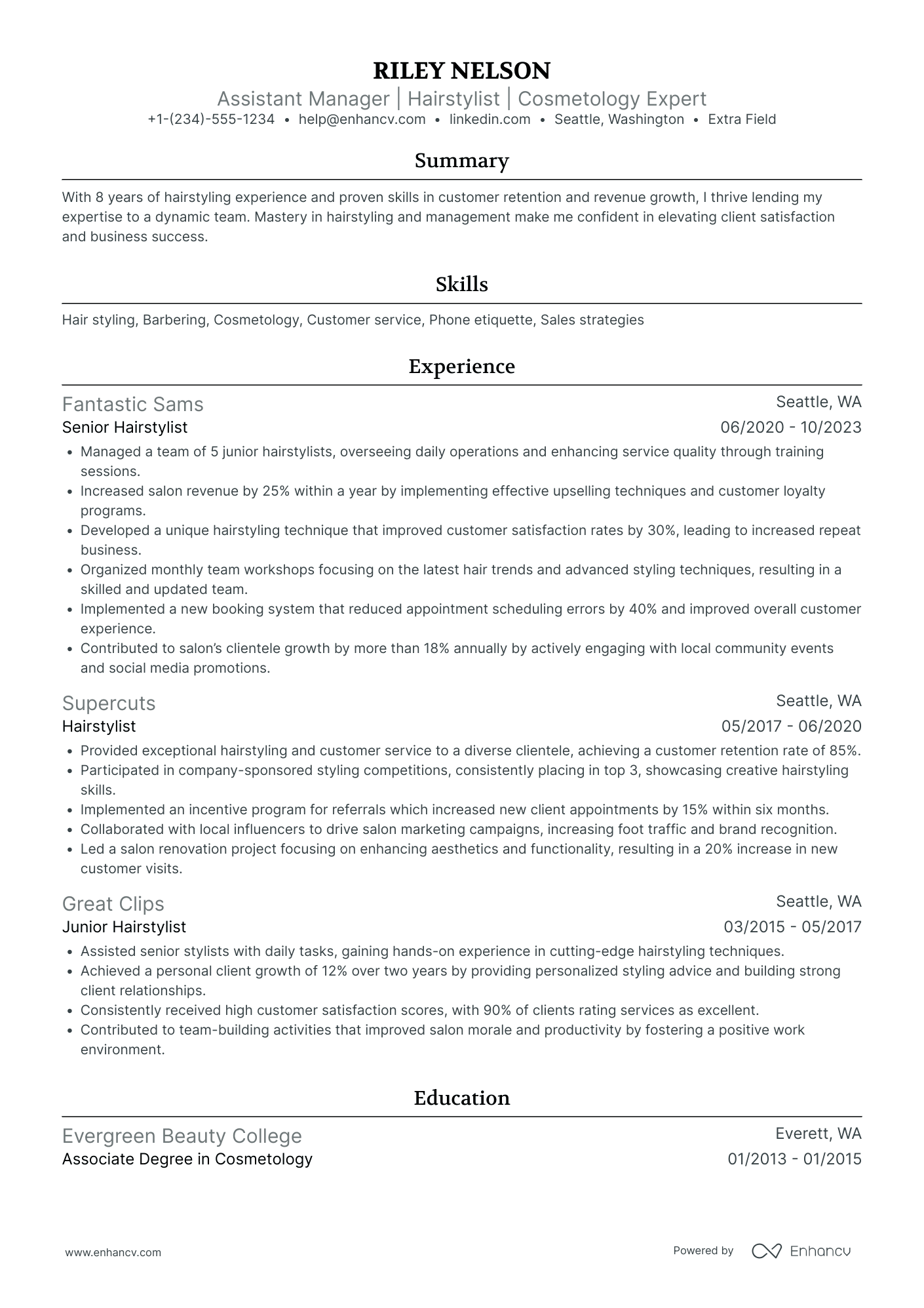 Hair Stylist Manager Resume Example