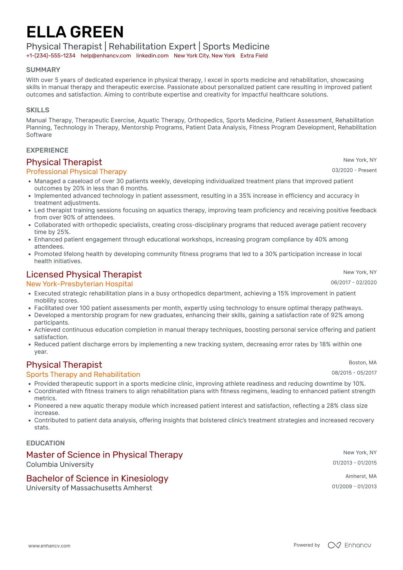 Athlete Rehabilitation Therapist Resume Example