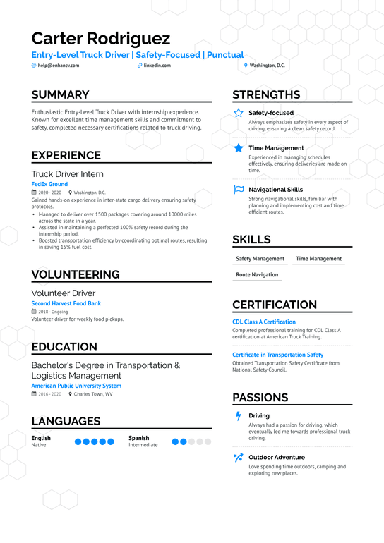 Entry Level Truck Driver Resume Example
