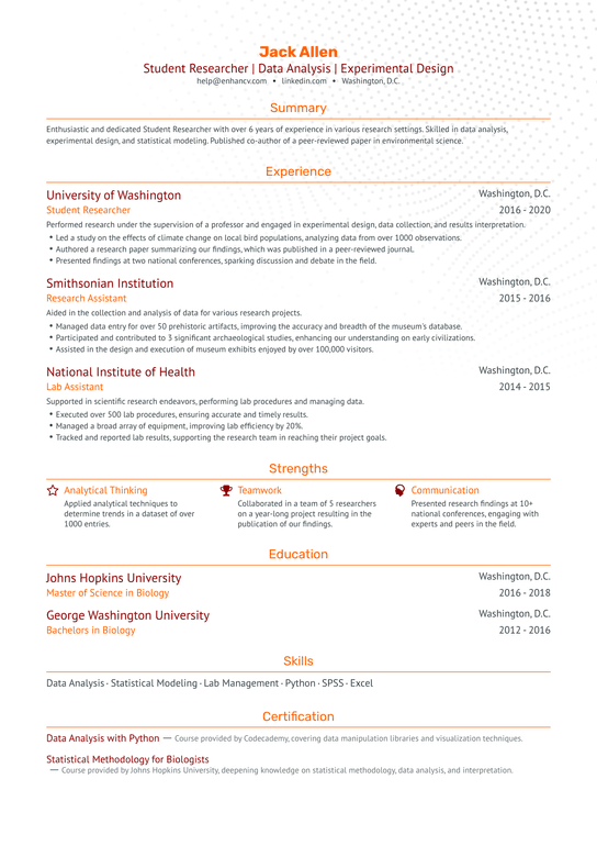 Student Researcher Resume Example