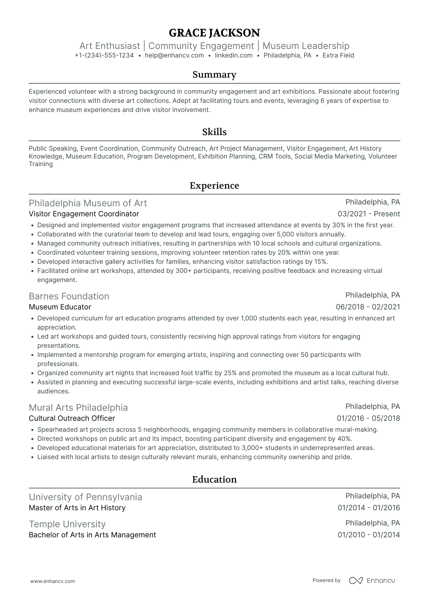 Museum Volunteer Resume Example