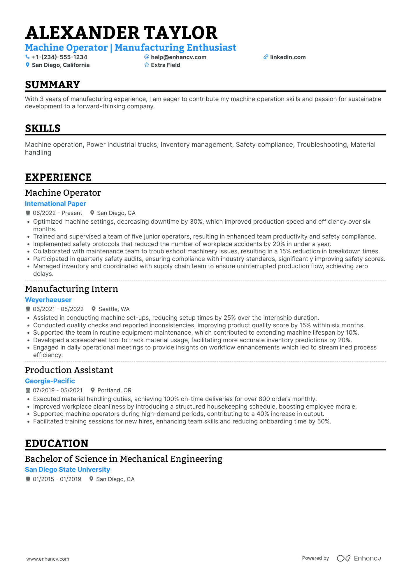 Junior Machine Operator Resume Example