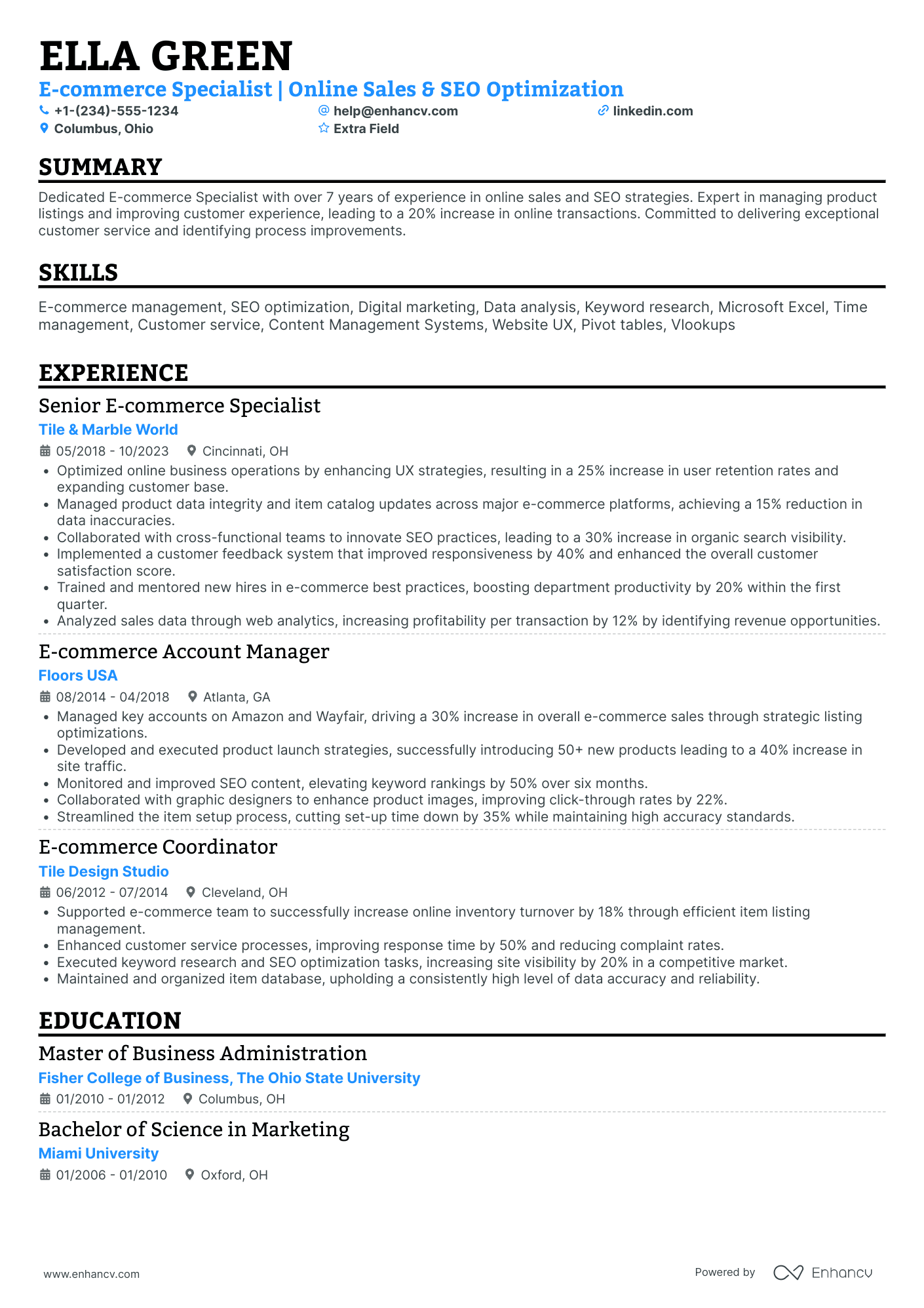 SEO E commerce Specialist Resume Example