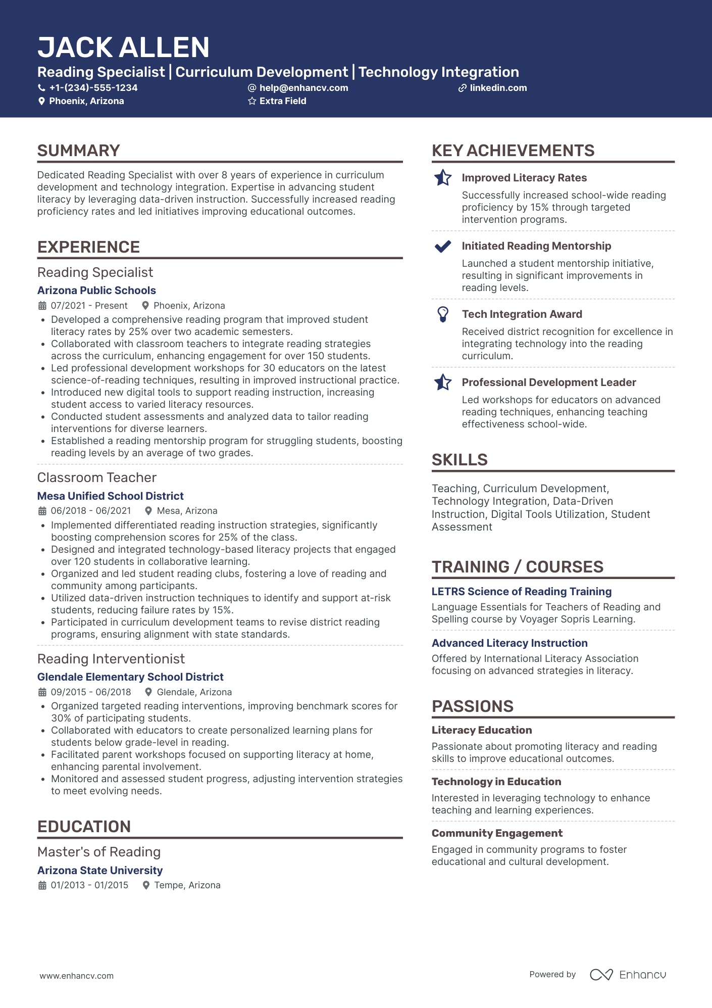 Elementary School Reading Specialist Resume Example